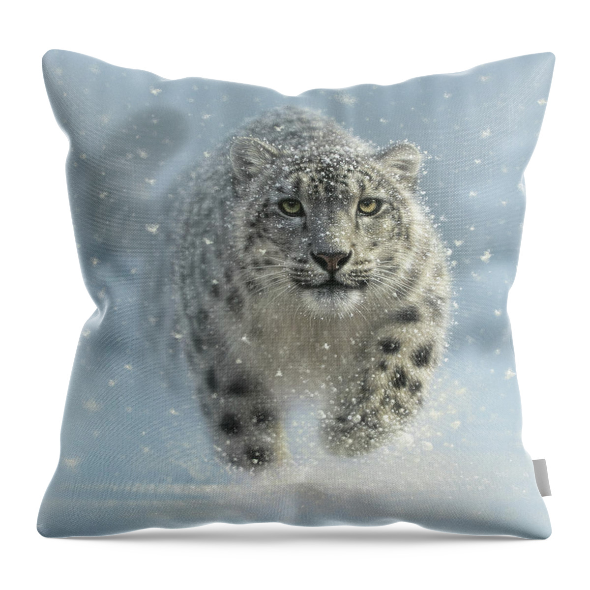Snow Leopard Painting Throw Pillow featuring the painting Snow Leopard - Snow Ghost by Collin Bogle