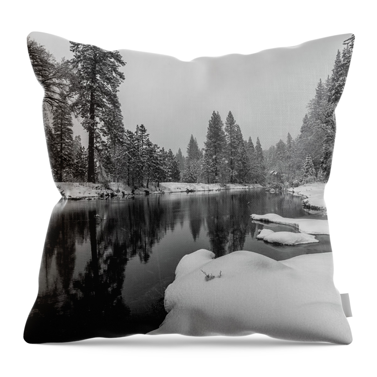 Landscape Throw Pillow featuring the photograph Snow Shower Along Merced Riverbank by Jonathan Nguyen