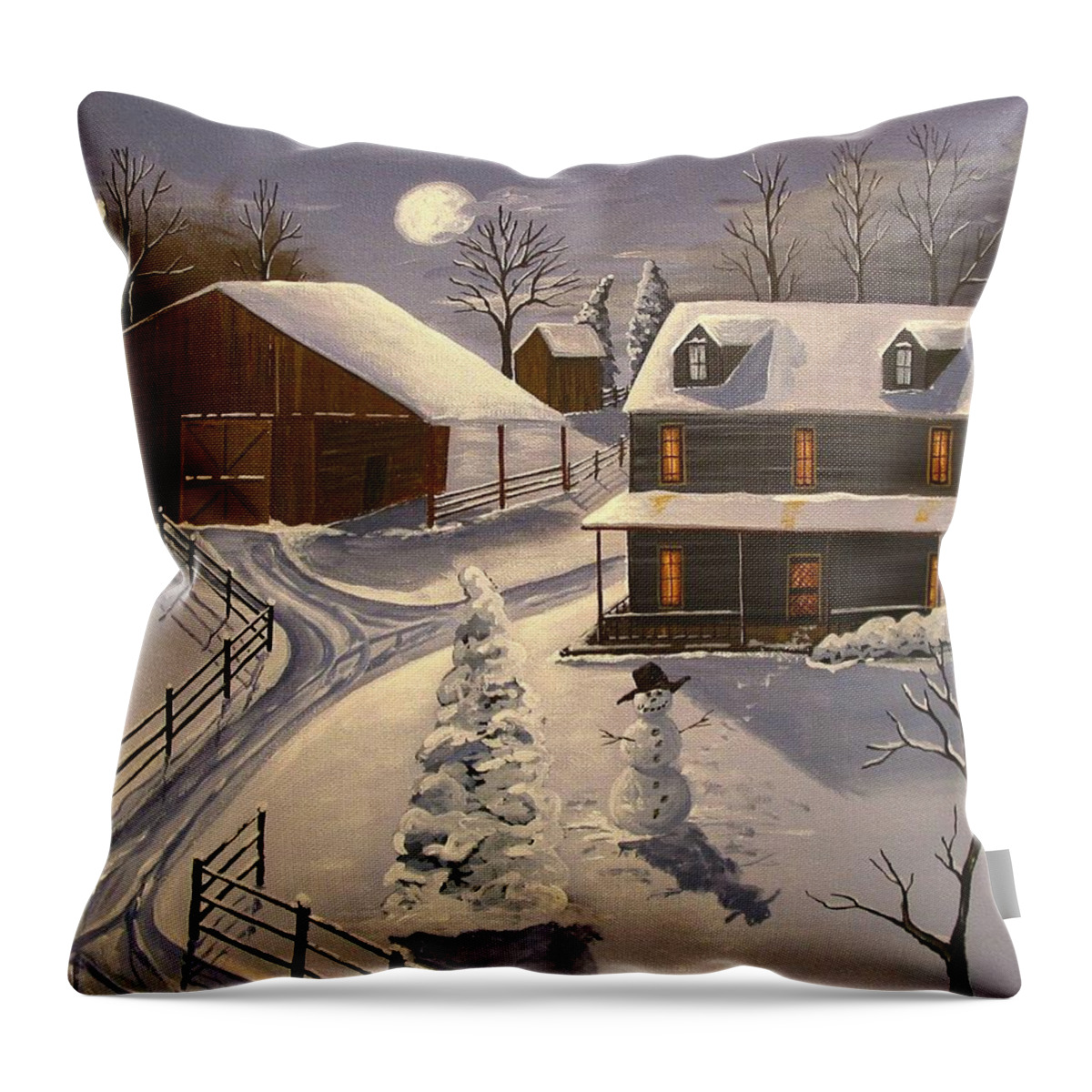 Folk Art Throw Pillow featuring the painting Snow - Silence And Warmth by Debbie Criswell