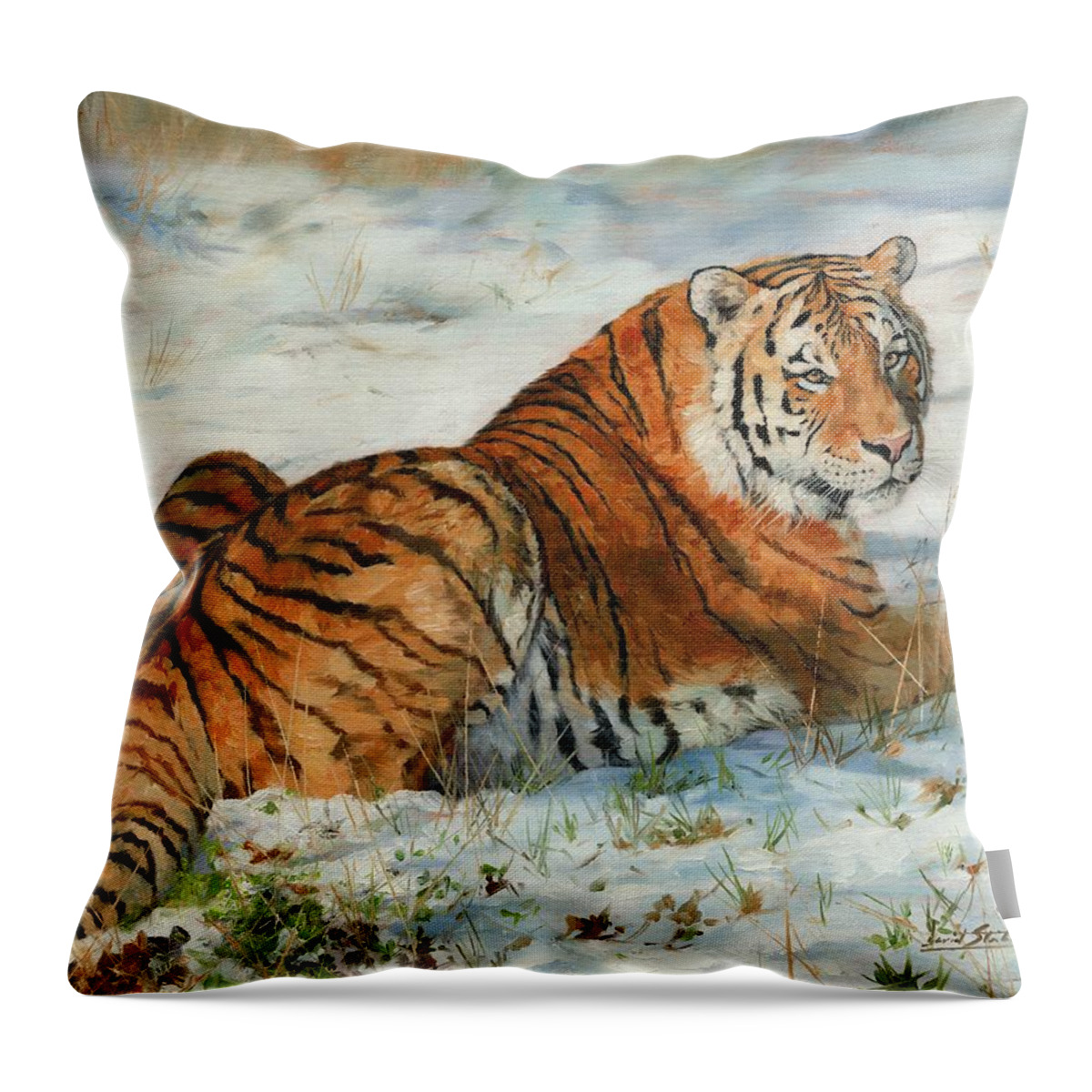 Tiger Throw Pillow featuring the painting Snow Tiger by David Stribbling