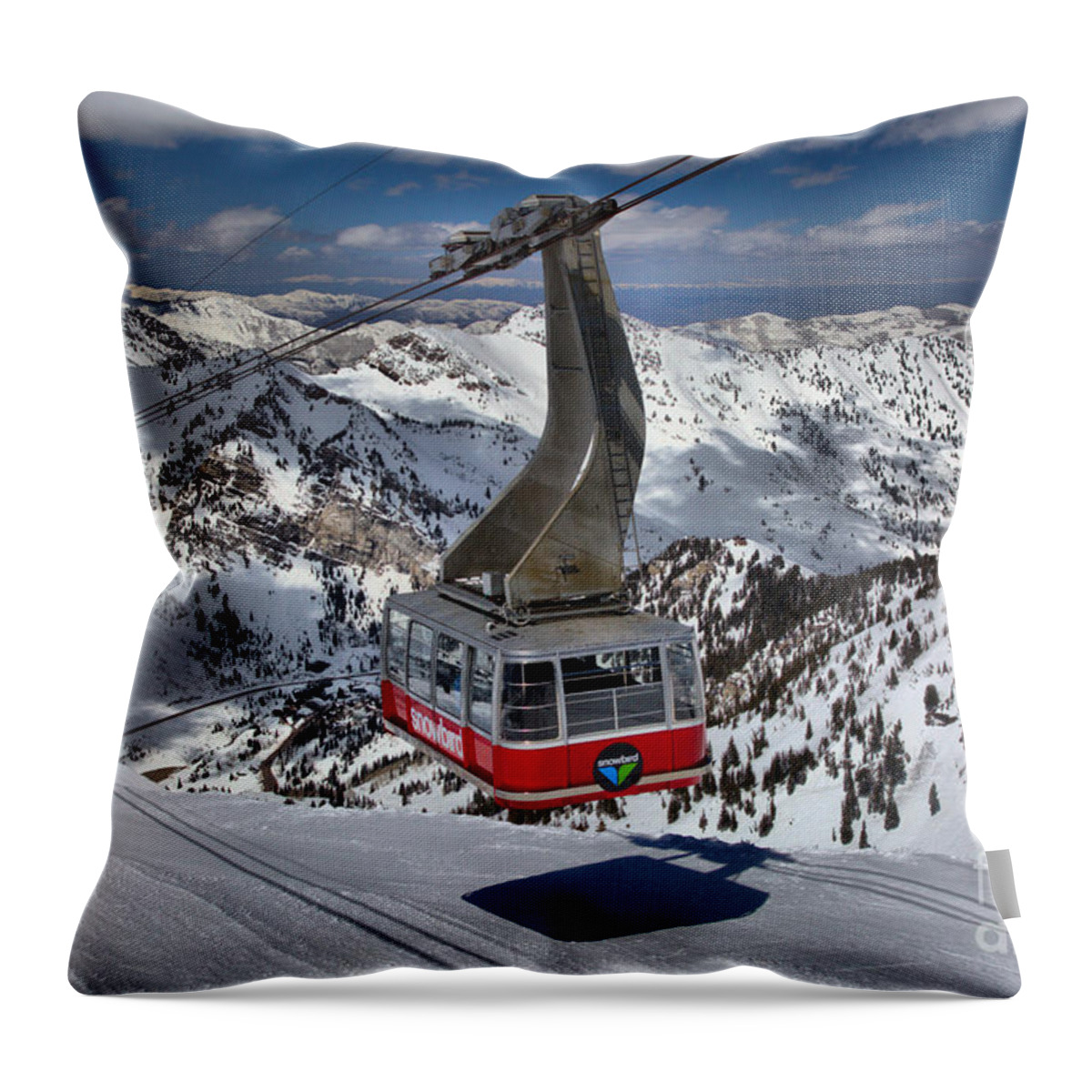 Snowbird Tram Throw Pillow featuring the photograph Snowbird Tram Approaching Hidden Peak by Adam Jewell