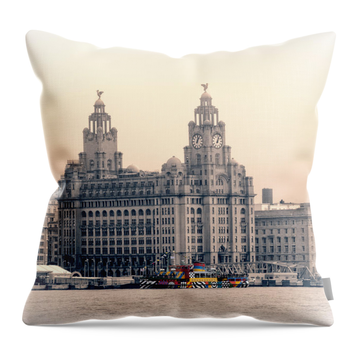 Pier Throw Pillow featuring the photograph Snowdrop Dazzles in front of the Liverbirds by Spikey Mouse Photography