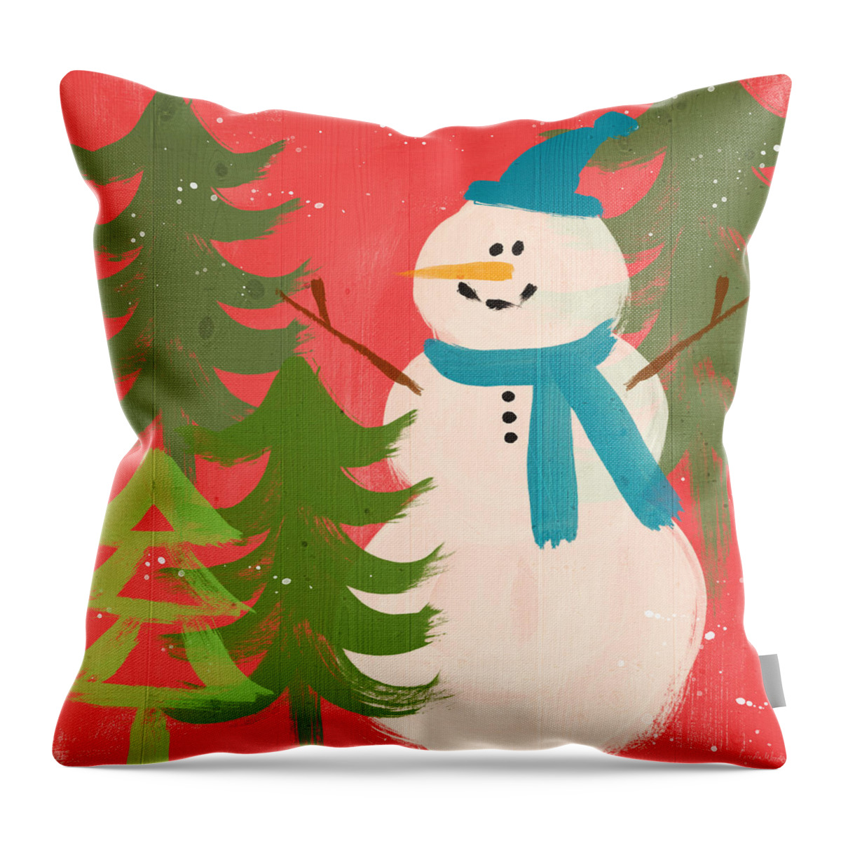 Snowman Throw Pillow featuring the painting Snowman in Blue Hat- Art by Linda Woods by Linda Woods