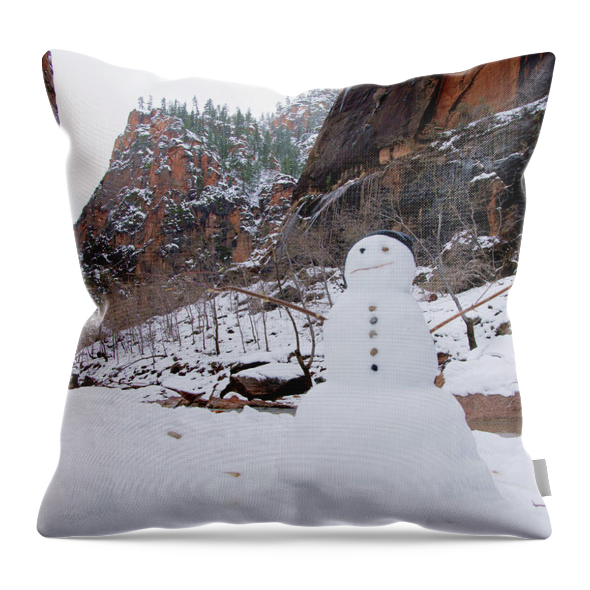 Zion Throw Pillow featuring the photograph Snowman in Zion by Daniel Woodrum
