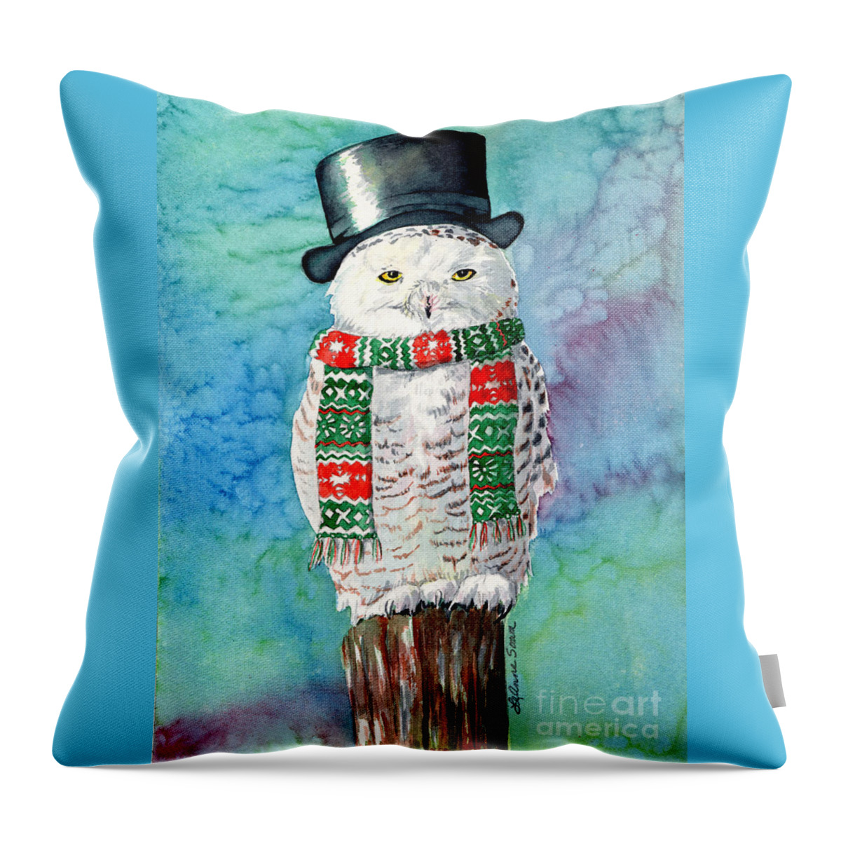 Owls Throw Pillow featuring the painting Snowman Owl by LeAnne Sowa