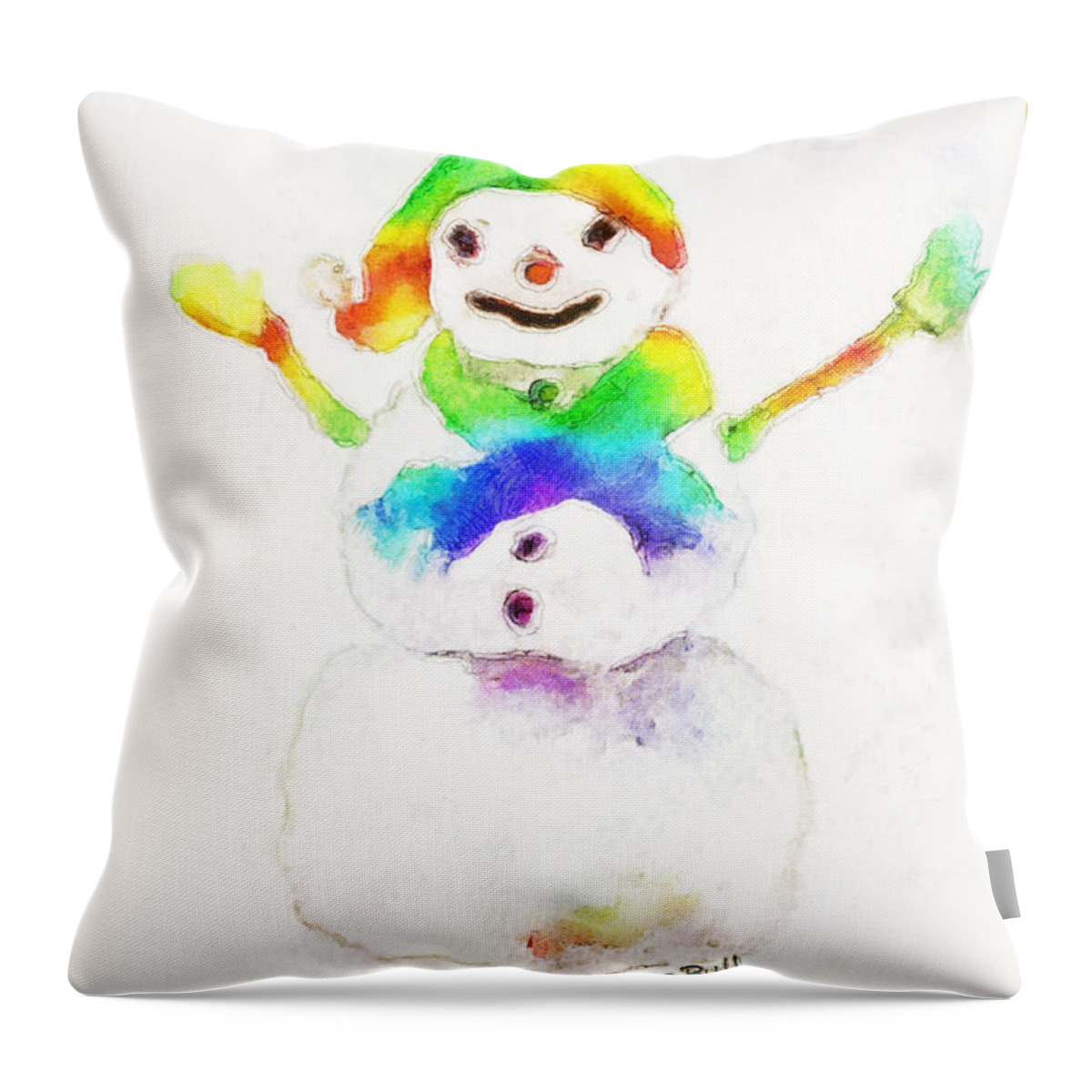 Snowman Throw Pillow featuring the painting Snowman with Rainbow 1 by Claire Bull