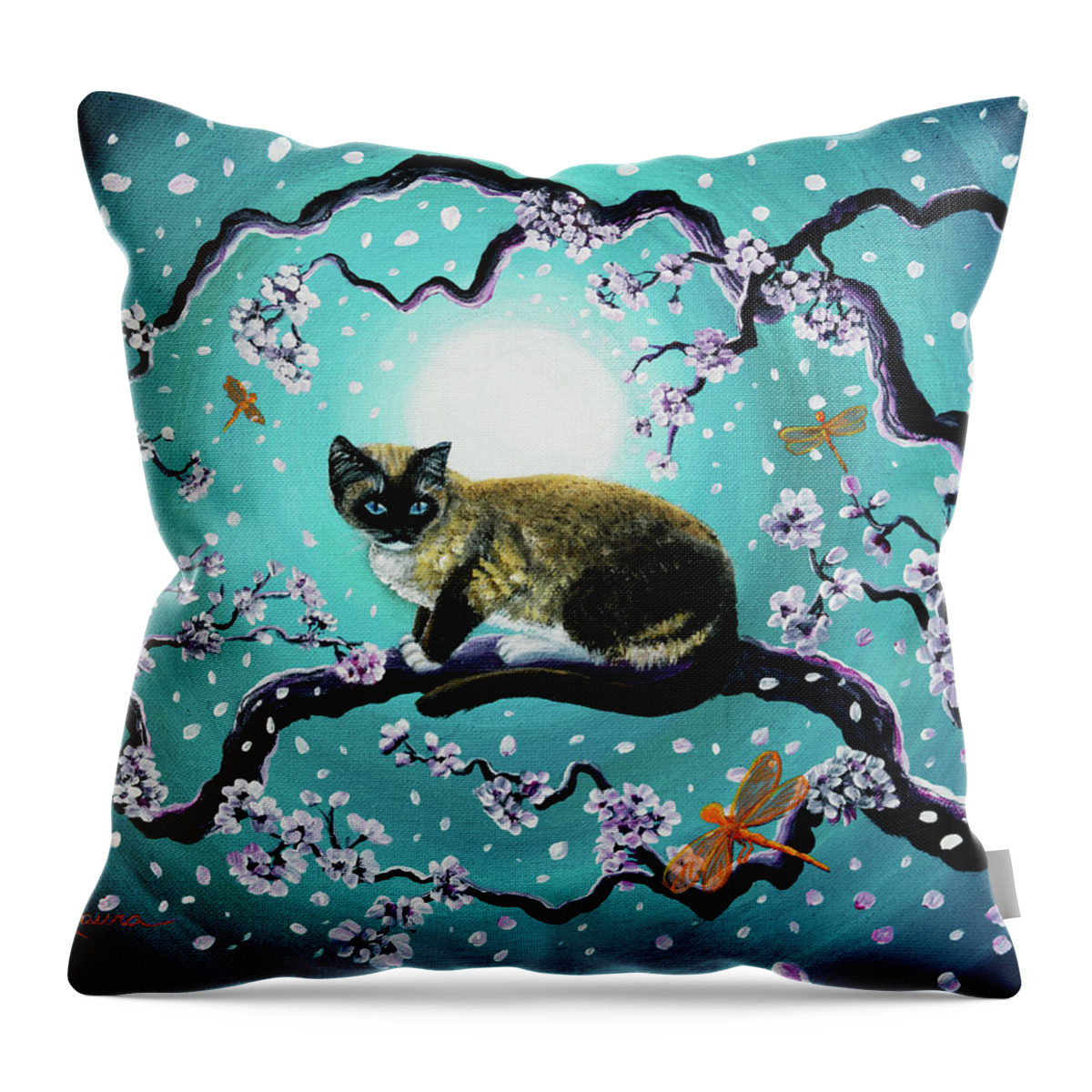 Siamese Throw Pillow featuring the painting Snowshoe Cat and Dragonfly in Sakura by Laura Iverson