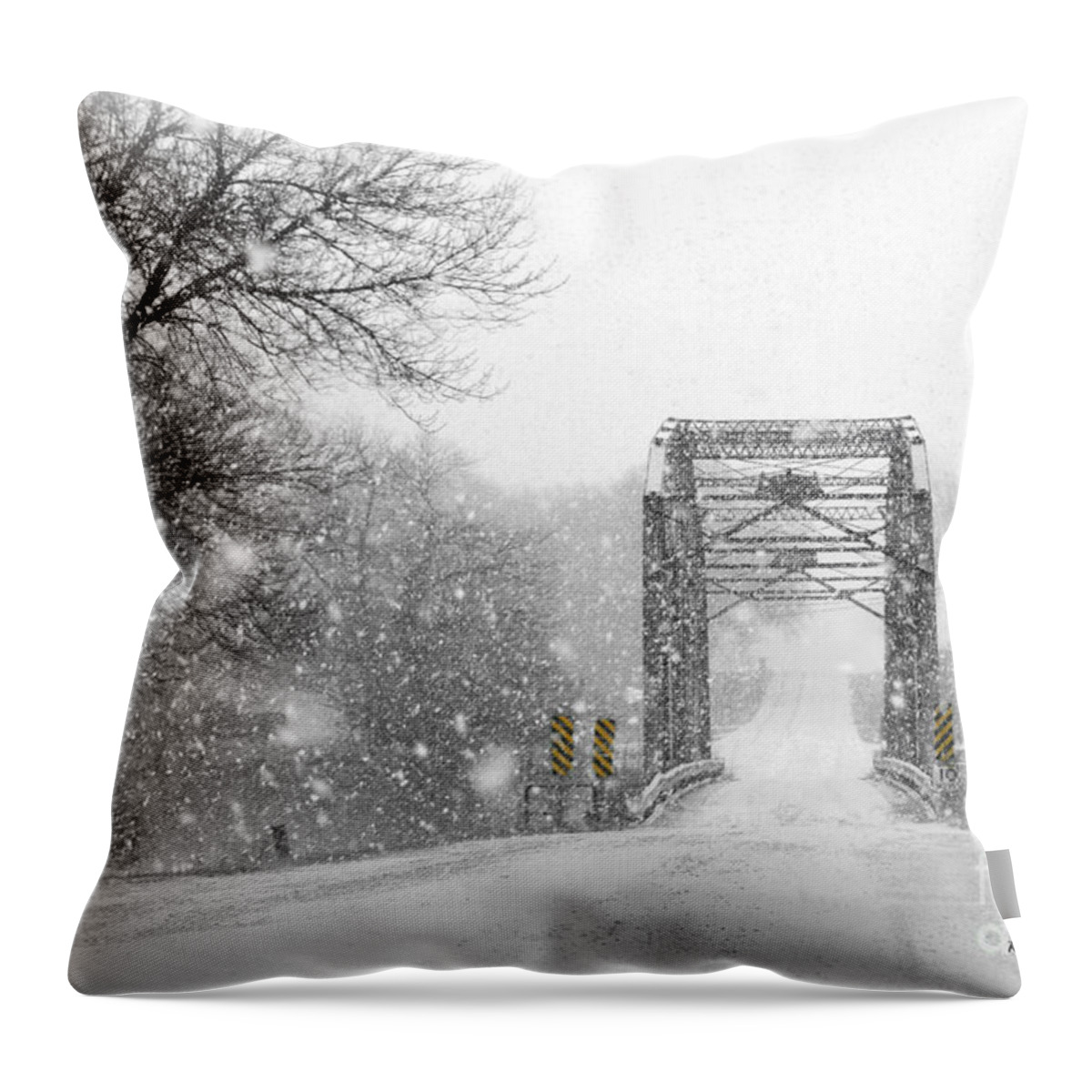 Snowy Day And One Lane Bridge Throw Pillow featuring the photograph Snowy Day And One Lane Bridge by Kathy M Krause