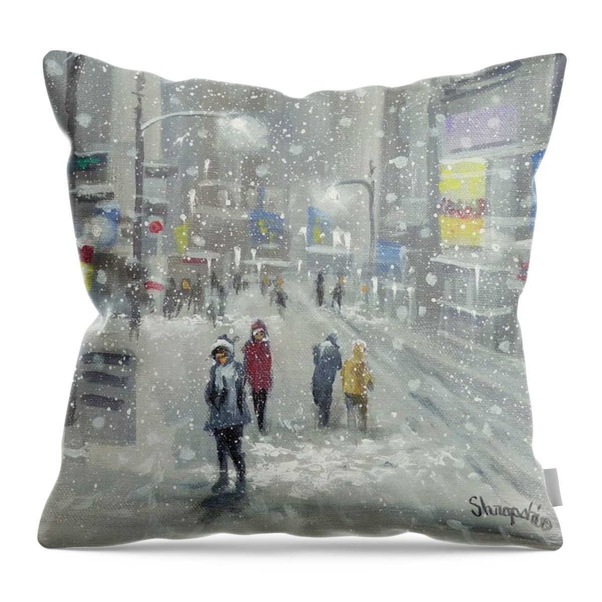 Falling Snow; New York; City Lights; Holiday Shoppers; Tom Shropshire Painting; Snowy Day; Cityscape; Urban Landscape; City Snow Throw Pillow featuring the painting Snowy Day by Tom Shropshire