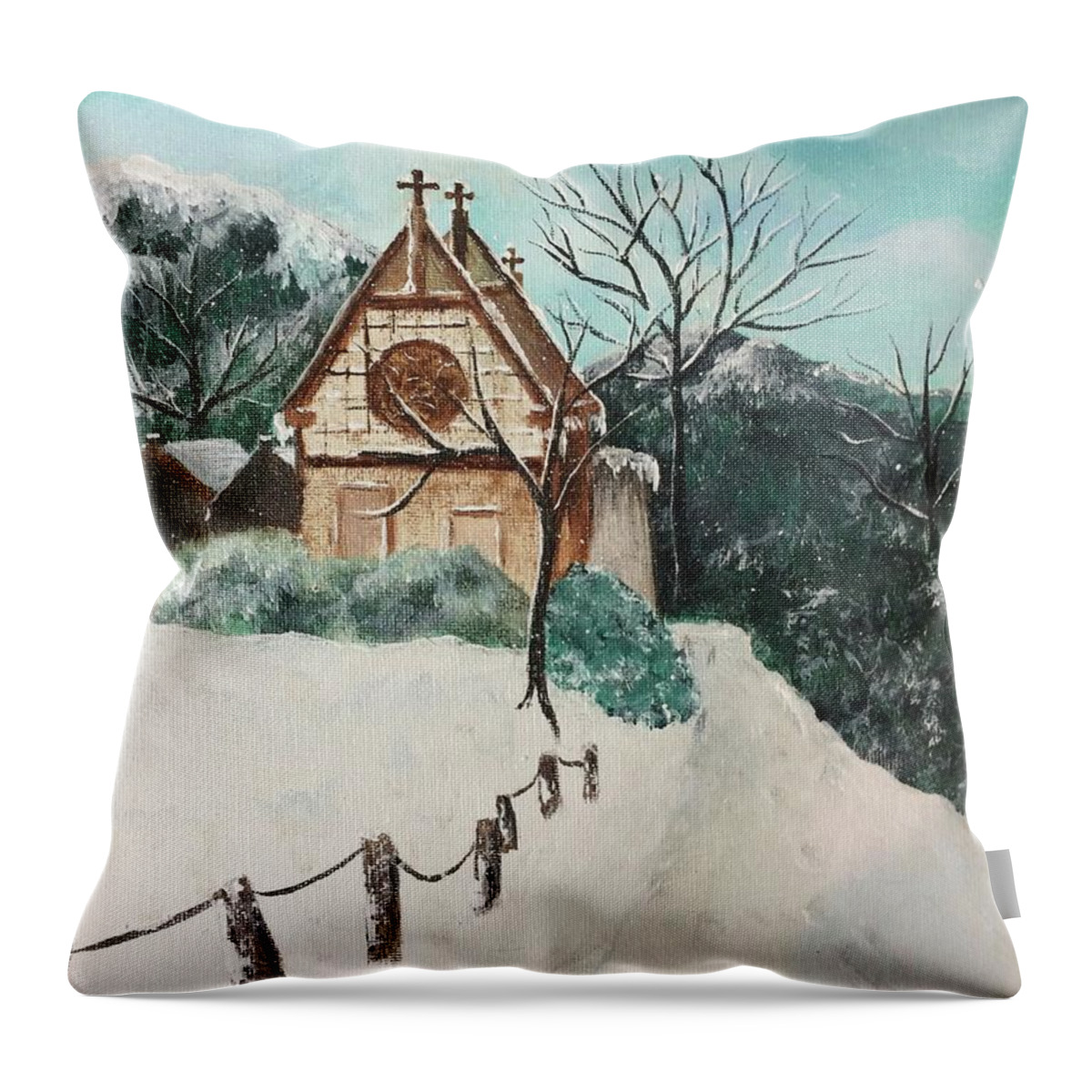 Church Throw Pillow featuring the painting Snowy Daze by Denise Tomasura