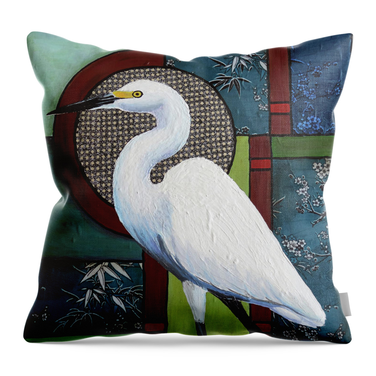 Snowy Egret Throw Pillow featuring the painting Snowy Egret Oriental by Ande Hall