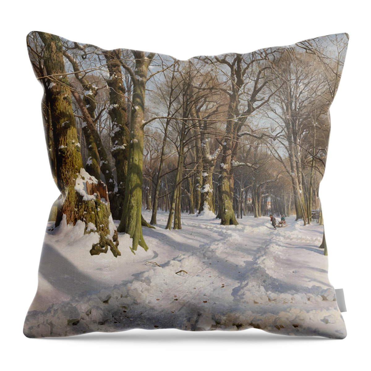 19th Century Art Throw Pillow featuring the painting Snowy forest road in sunlight by Peder Monsted