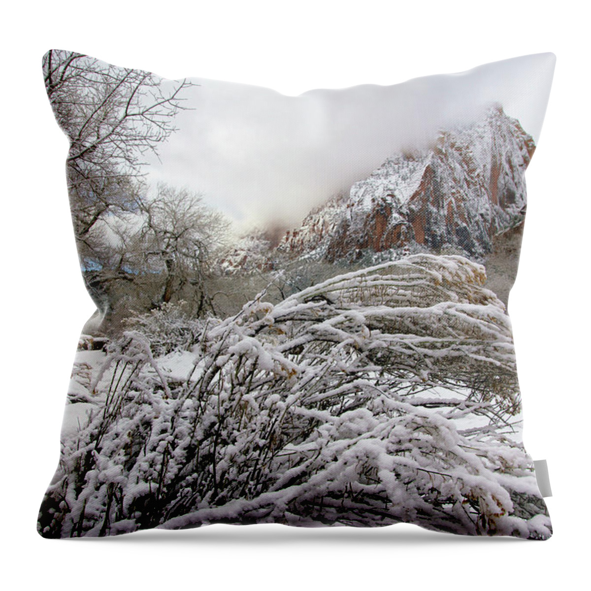 Zion Throw Pillow featuring the photograph Snowy Mountains in Zion by Daniel Woodrum
