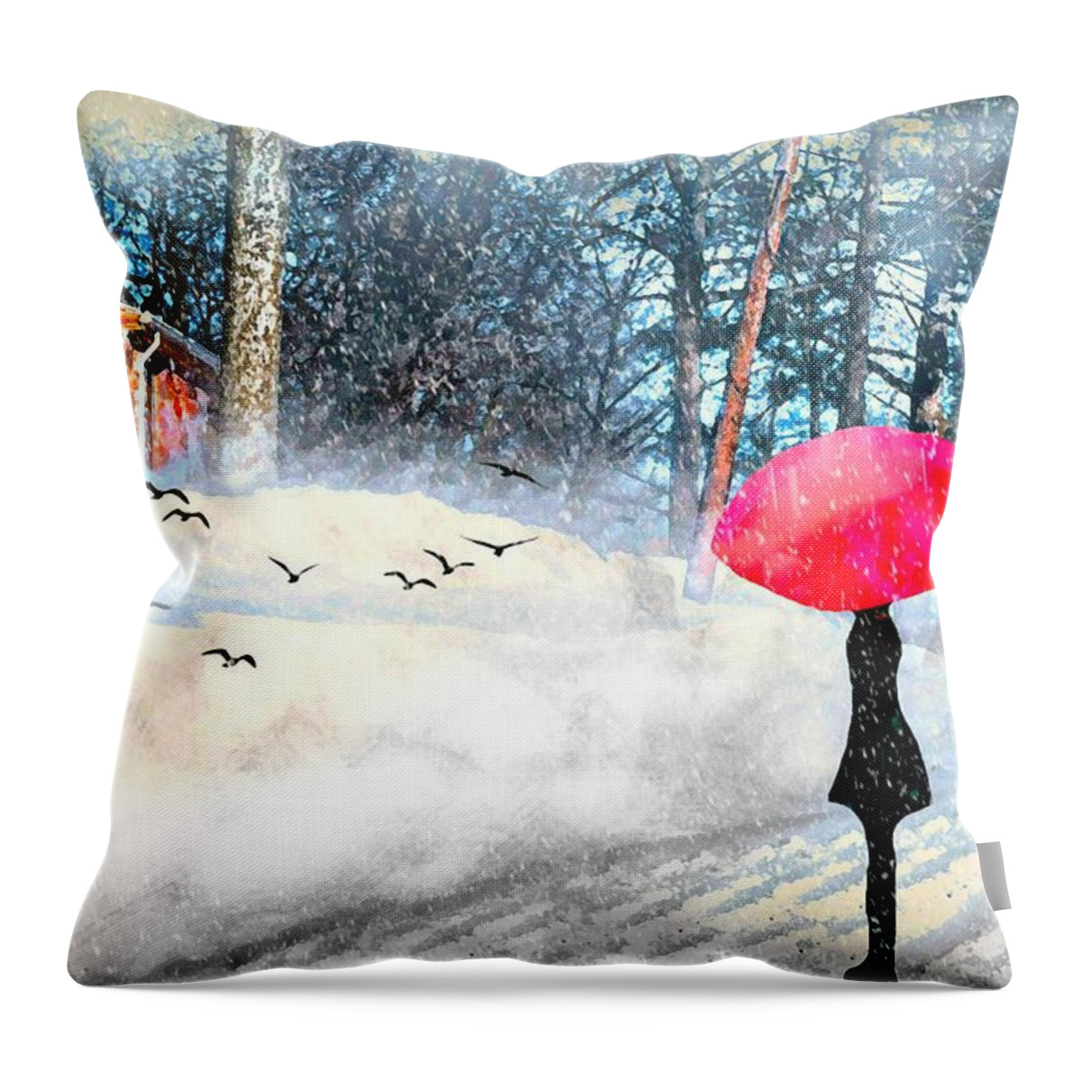 Snowy Red Umbrella Throw Pillow featuring the photograph Snowy Red Umbrella by Diana Angstadt