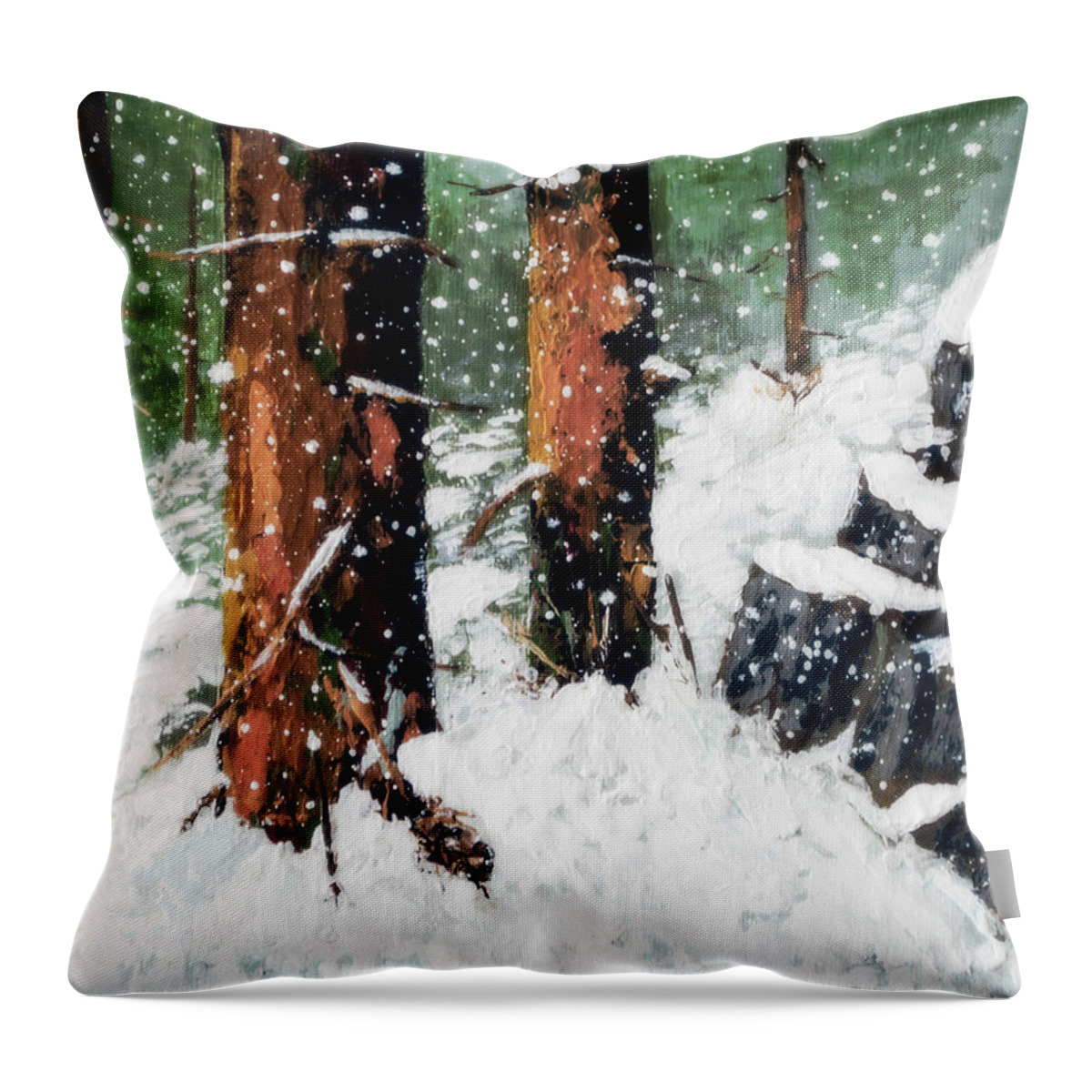 Redwood In Snow Throw Pillow featuring the painting Snowy Redwood Dream by L J Oakes