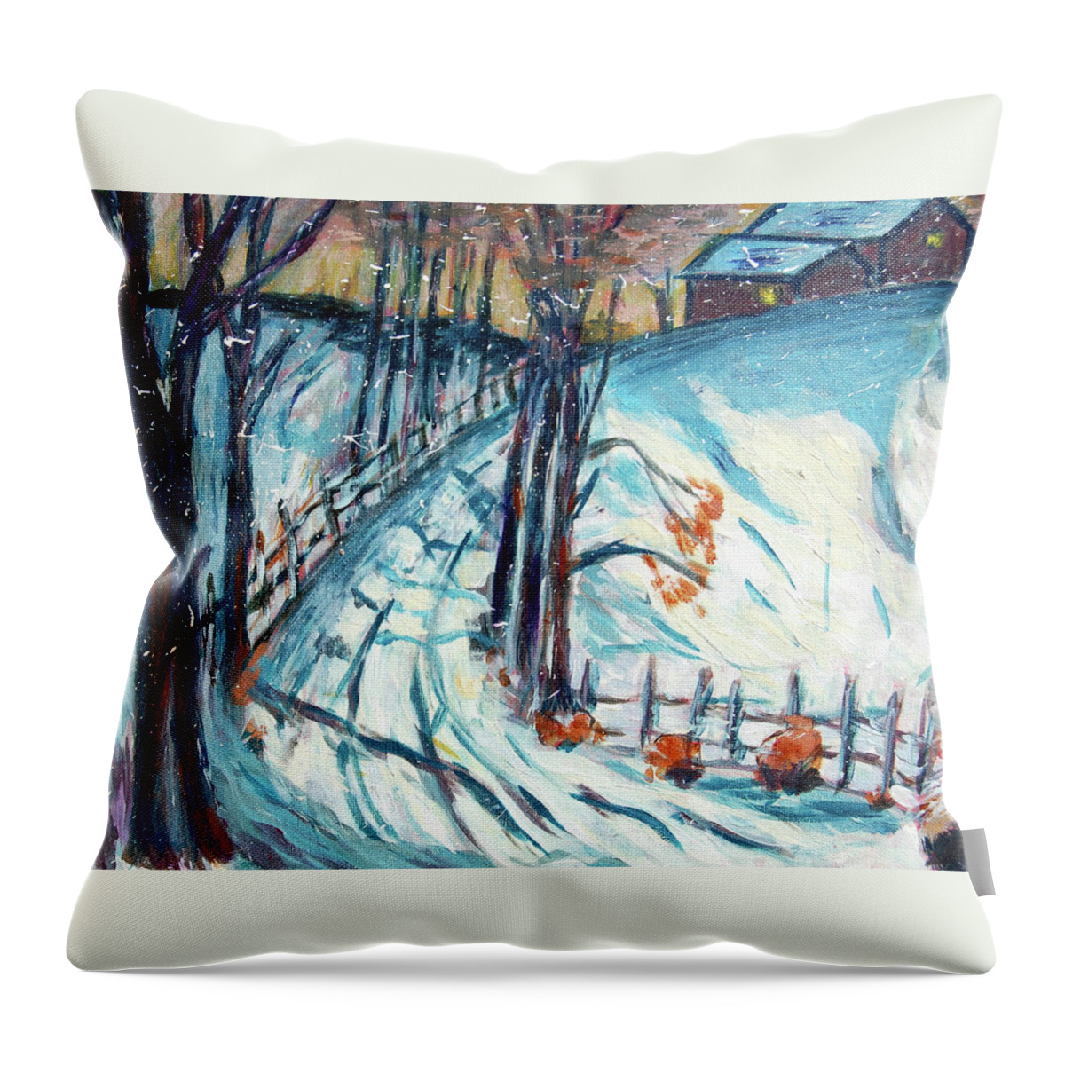 Winter Throw Pillow featuring the painting Snowy road by Carolyn Donnell