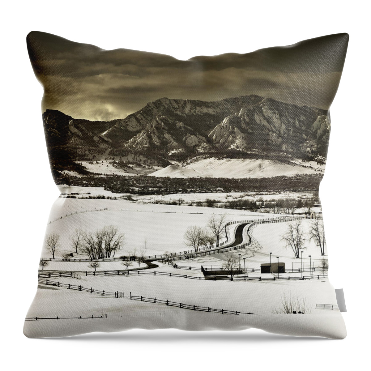 Boulder Throw Pillow featuring the photograph Snowy Sunset by Marilyn Hunt