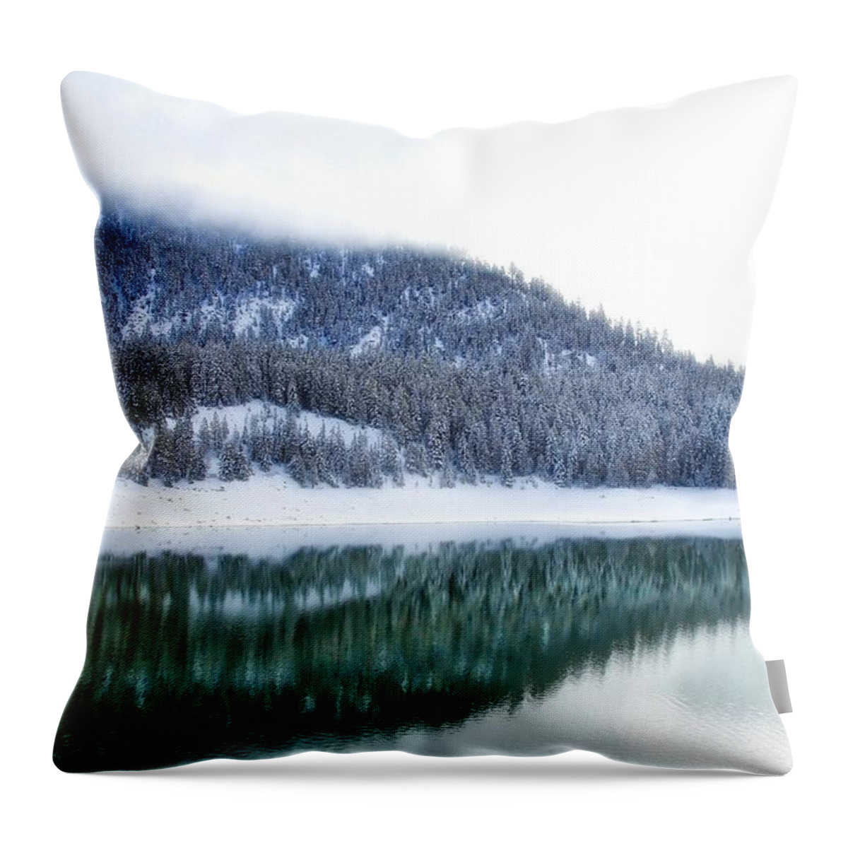 Snowy Trees On The Lake Throw Pillow featuring the photograph Snowy trees on the lake by Lynn Hopwood