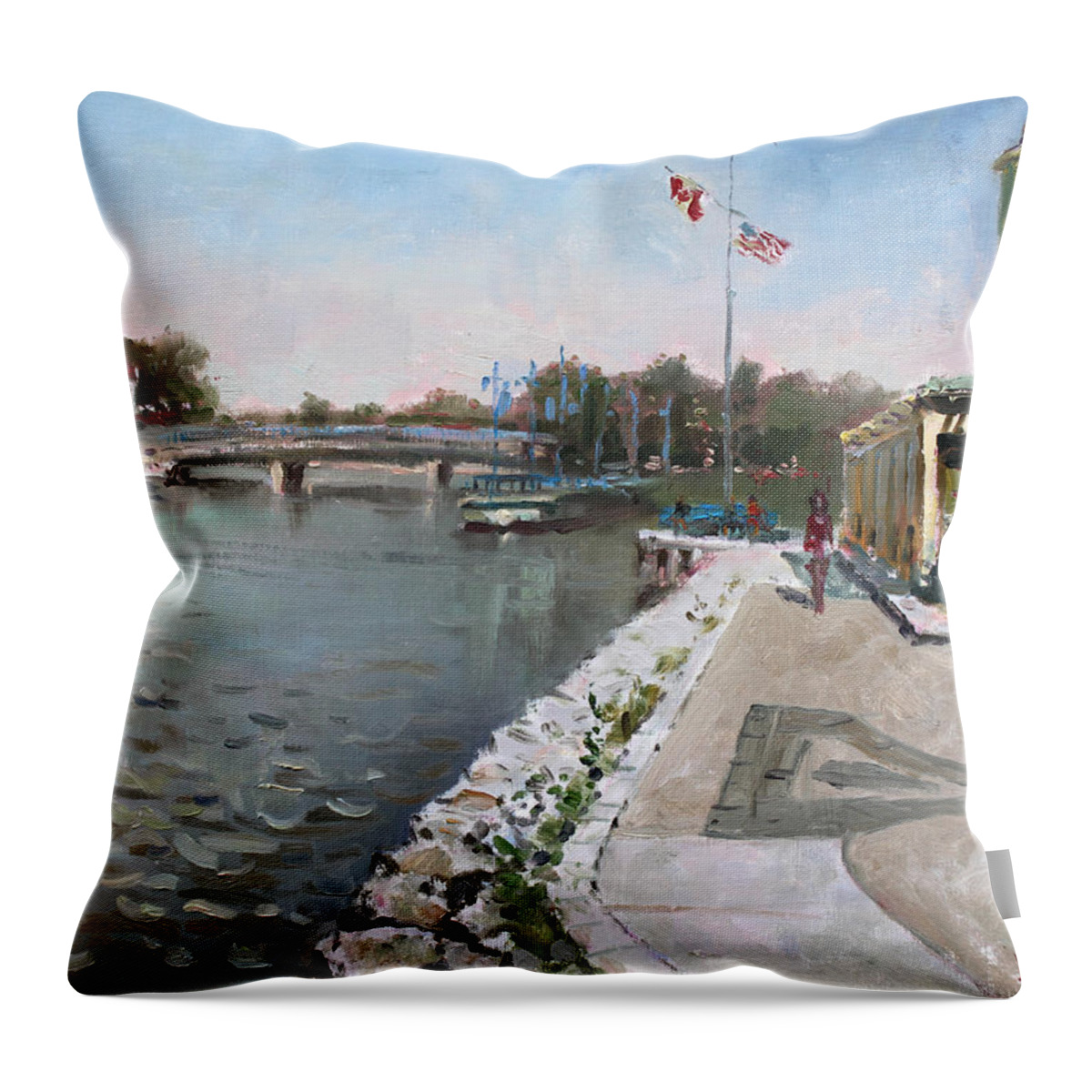 Snug Harbour Restaurant Throw Pillow featuring the painting Snug Harbour Restaurant by Ylli Haruni