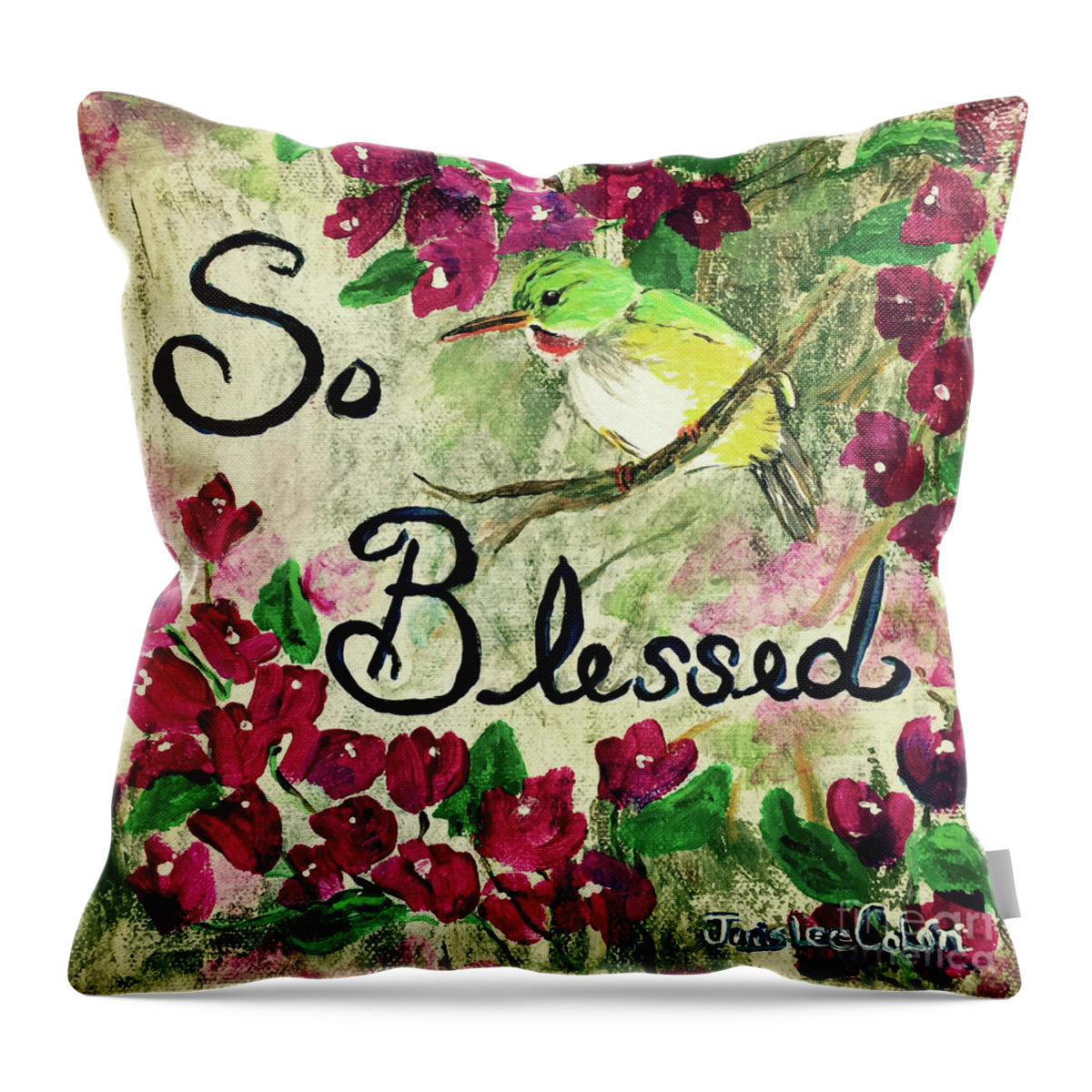 Cuban Tody Bird Throw Pillow featuring the painting So Blessed by Janis Lee Colon