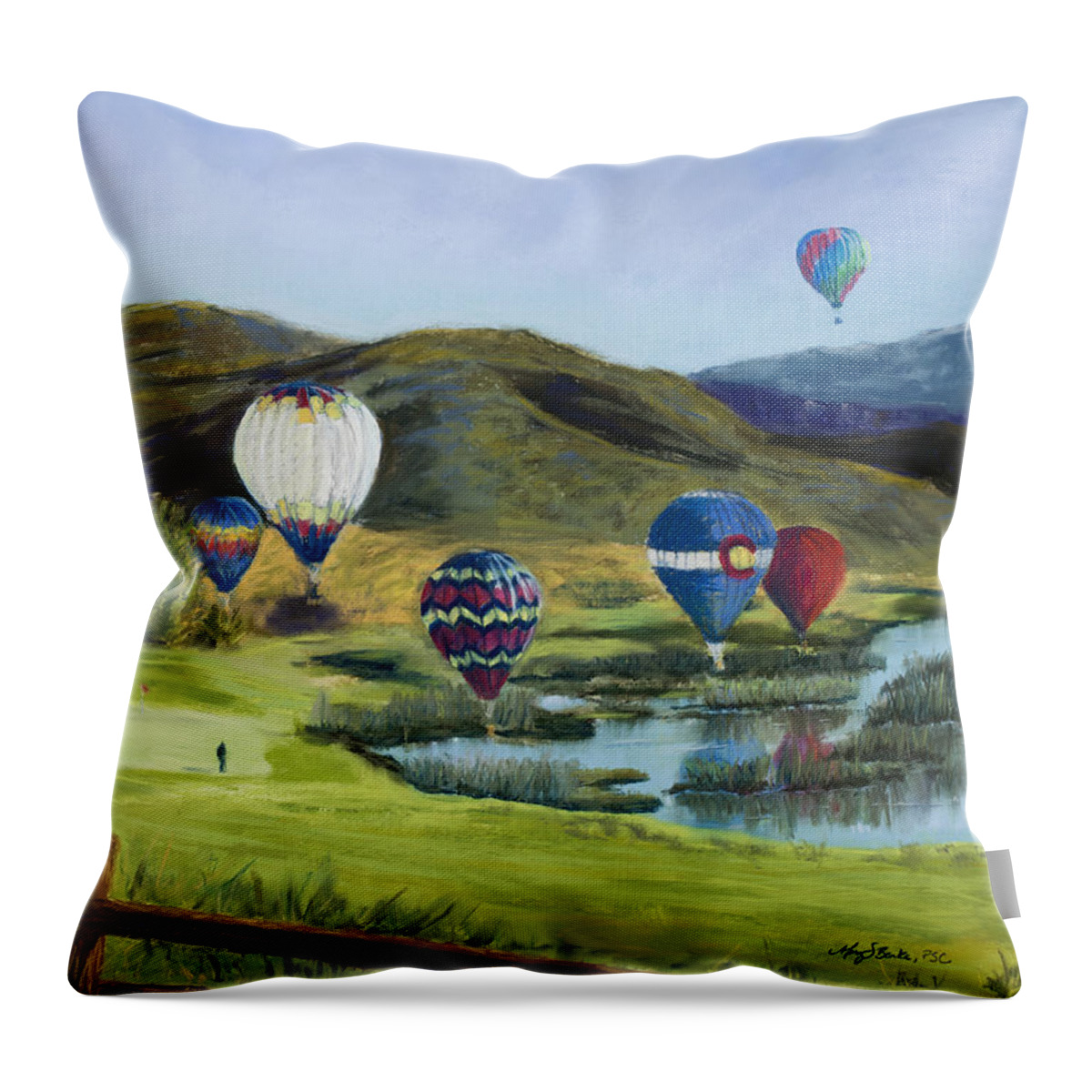 Hot Air Balloons Throw Pillow featuring the painting Soaring Over Colorado by Mary Benke