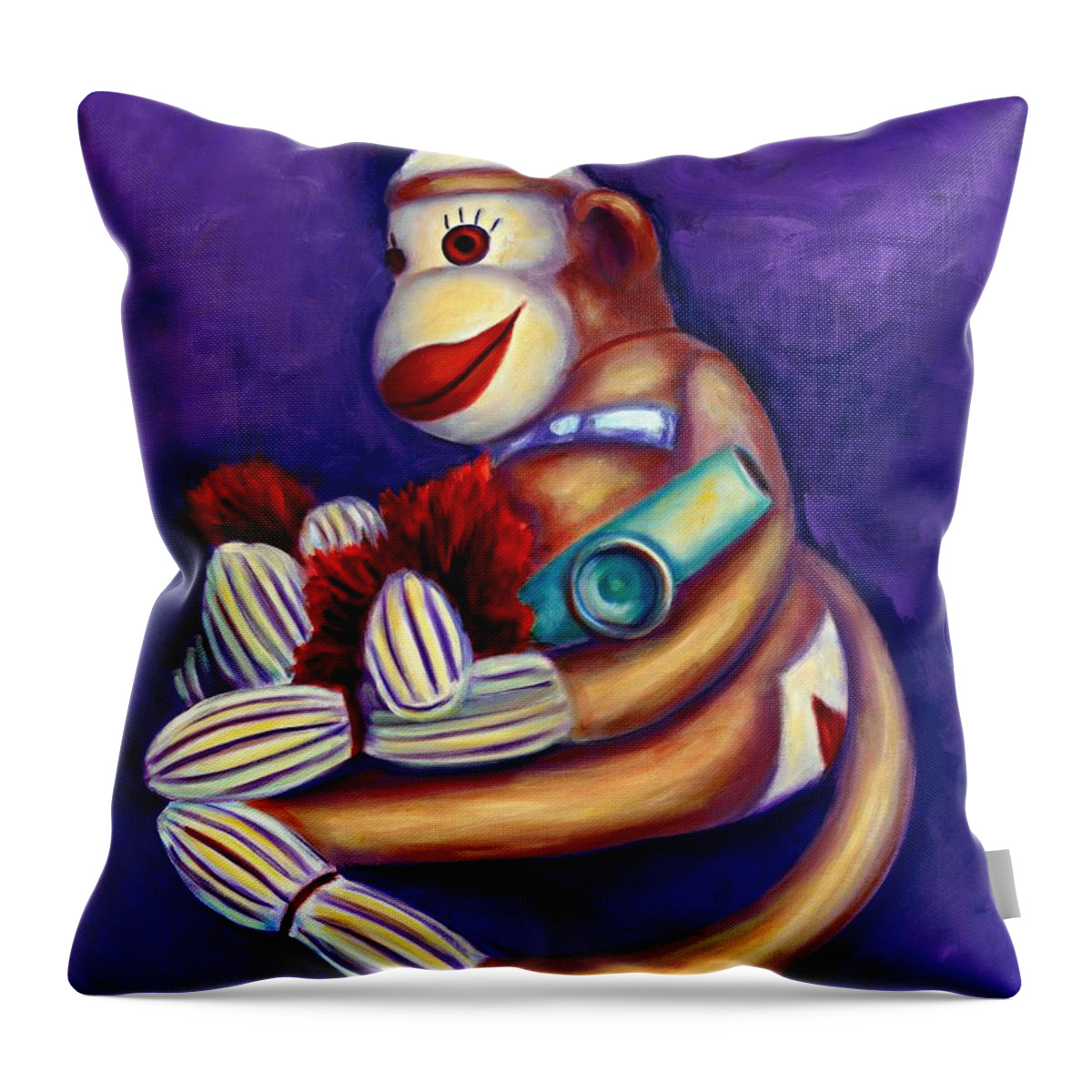 Children Throw Pillow featuring the painting Sock Monkey With Kazoo by Shannon Grissom