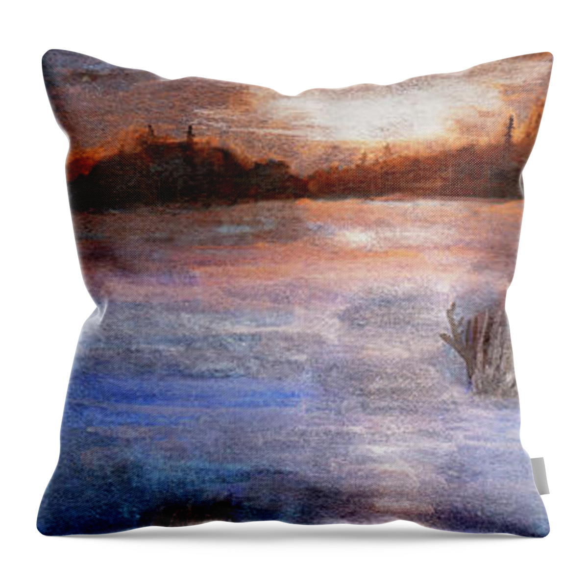 Sunset Winter Soft Ice Art River Water Frozen Painting Tree Trees Sky Sunrise Beautiful Scenery Pink Cold Silhouette Purple Nature Lake Kyllo Frost Colors Scene Covered Artwork White Weather Watercolor Season Icy Clouds Cloud Beauty Wood Storm Softness Reflection Picture Inspired Impressions High Dusk Distant Decor Color Cast Blue Bliss Black Wonderful Temperature Surface Sunlight Sun Painted Light January Inspiration Horizon Froze Evening Designer Decorating Day Dark Cool Colorful Bright Throw Pillow featuring the painting Soft Winter Sunset by R Kyllo