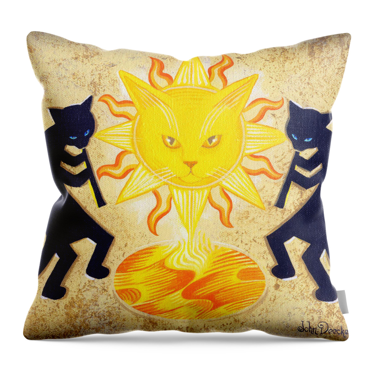 Black Cat Throw Pillow featuring the painting Solar Feline Entity by John Deecken