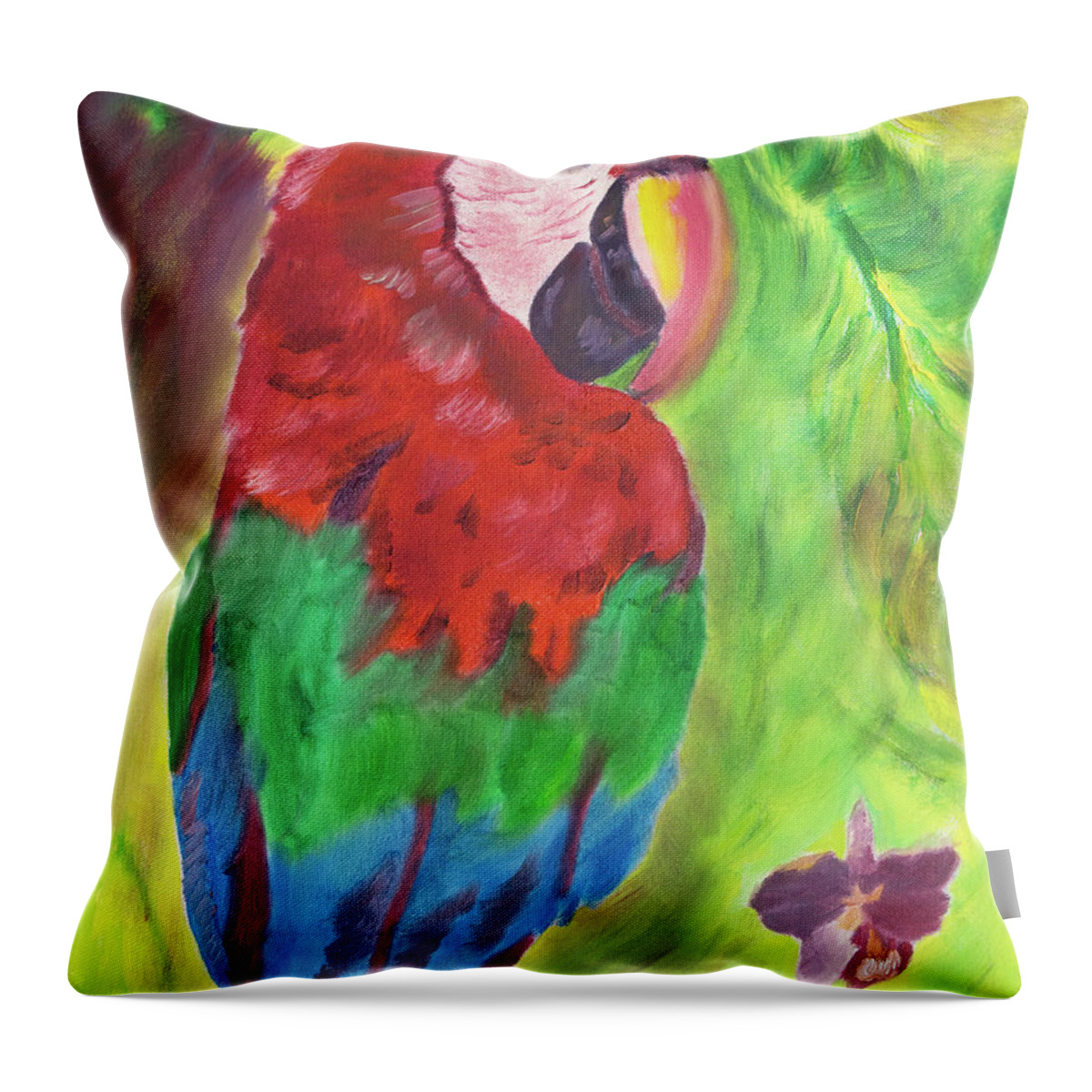 Macaw Throw Pillow featuring the painting Song of the Rainforest by Meryl Goudey