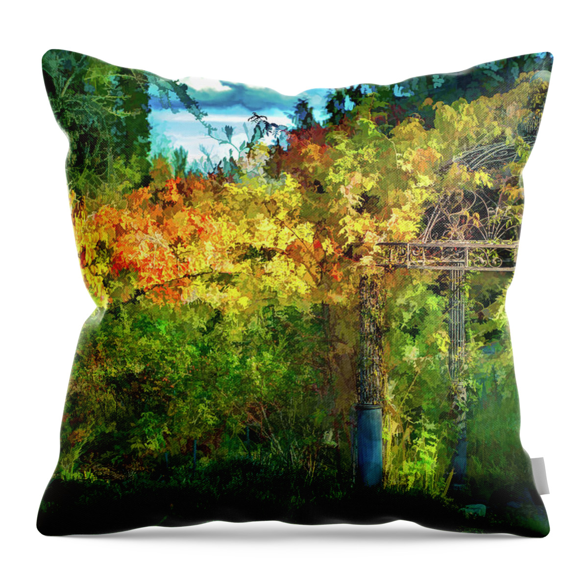 Soos Creek Botanical Garden In The Fall Throw Pillow featuring the painting Soos Creek Fall Color 8 by Mike Penney