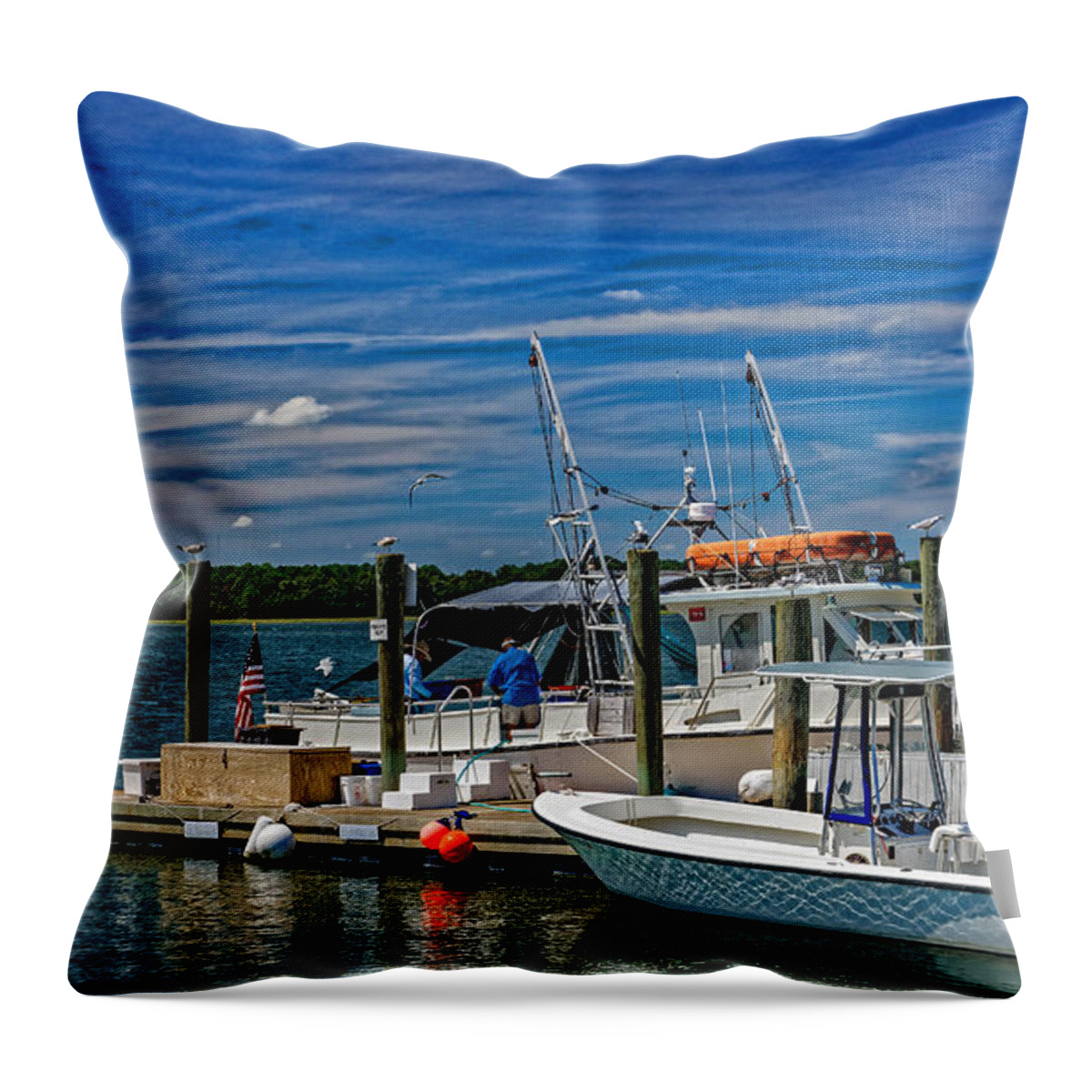 Boat Throw Pillow featuring the photograph Sorting The Catch by Paul Mashburn