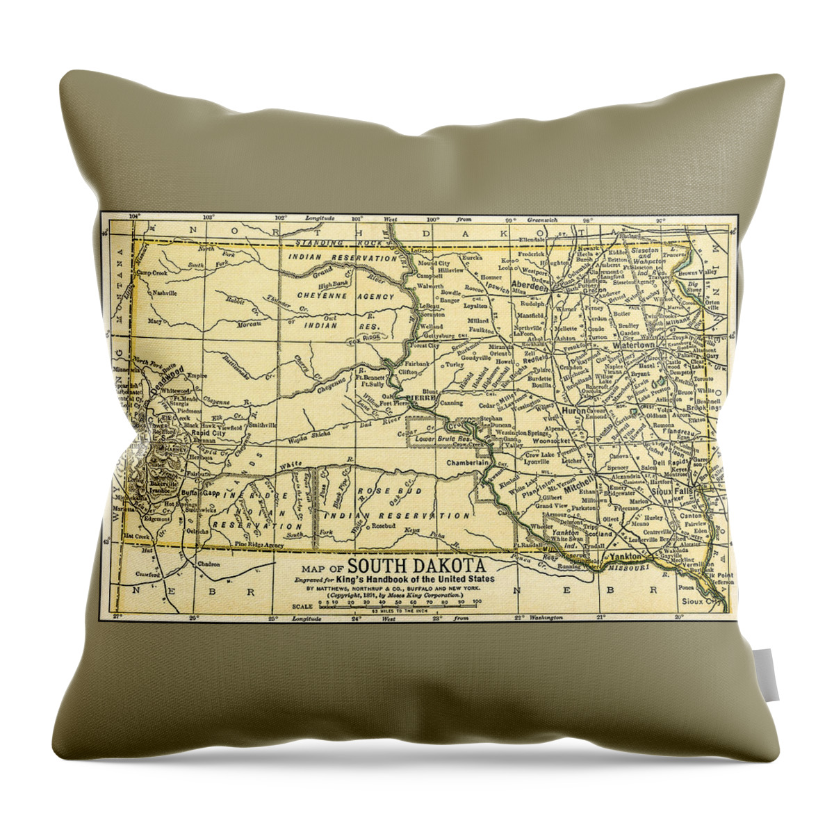 Map Throw Pillow featuring the photograph South Dakota Antique Map 1891 by Phil Cardamone