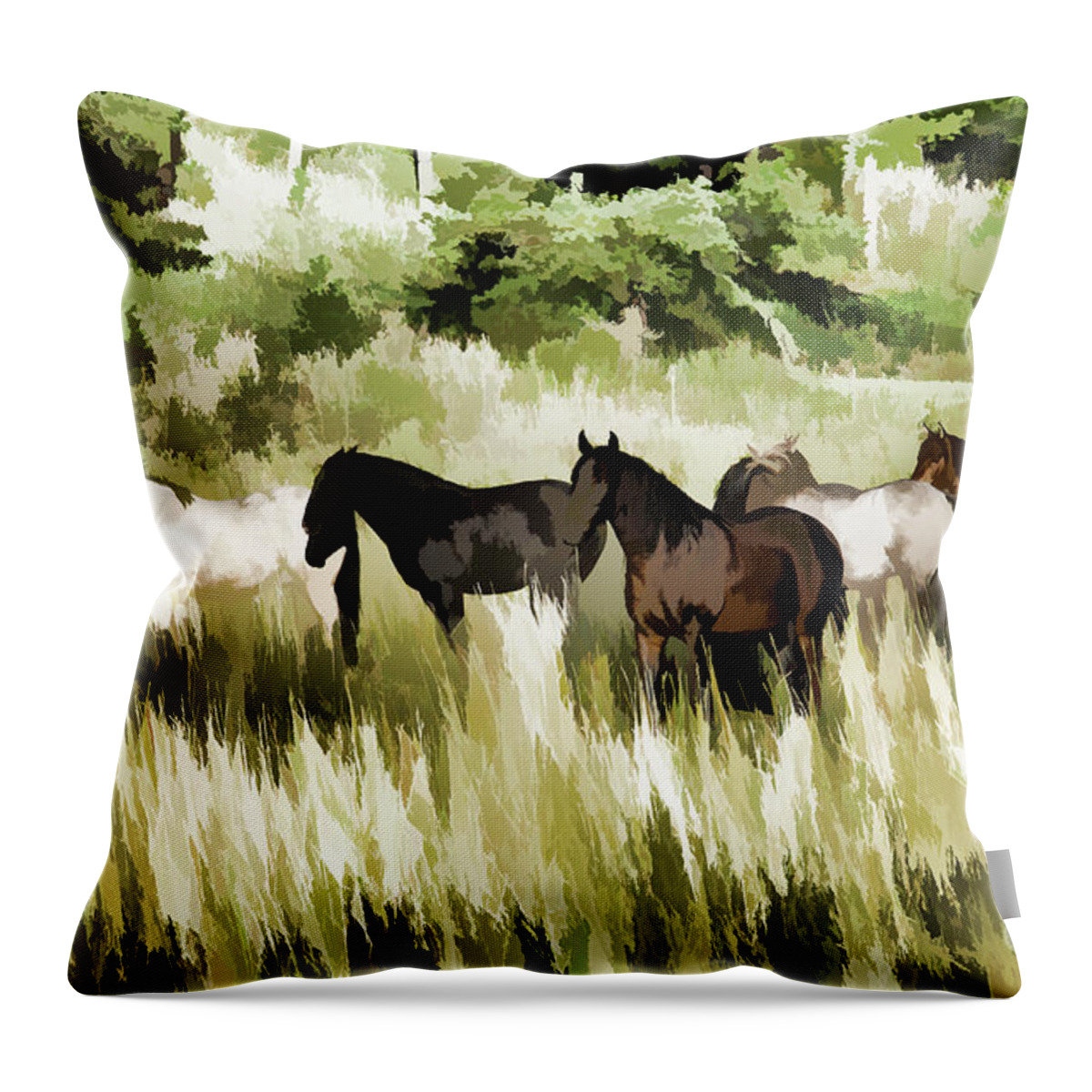Horse Throw Pillow featuring the mixed media South Dakota Herd of Horses by Wilma Birdwell