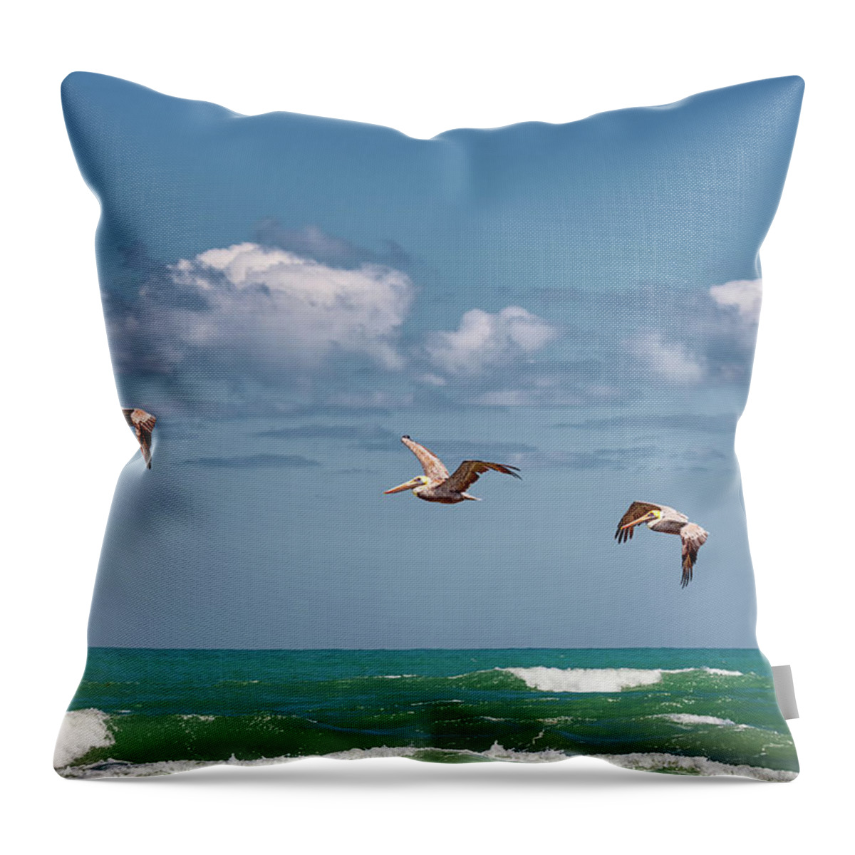 Brown Pelican Throw Pillow featuring the photograph South Padre Island Pelicans by Victor Culpepper