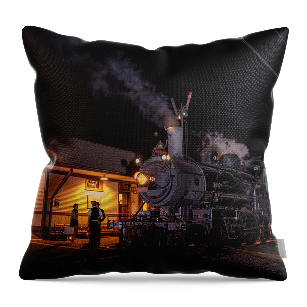 #railroad #railroads Train #trains Throw Pillow featuring the photograph Southern 401 sits beside the Nelson Crossing Station by Jim Pearson