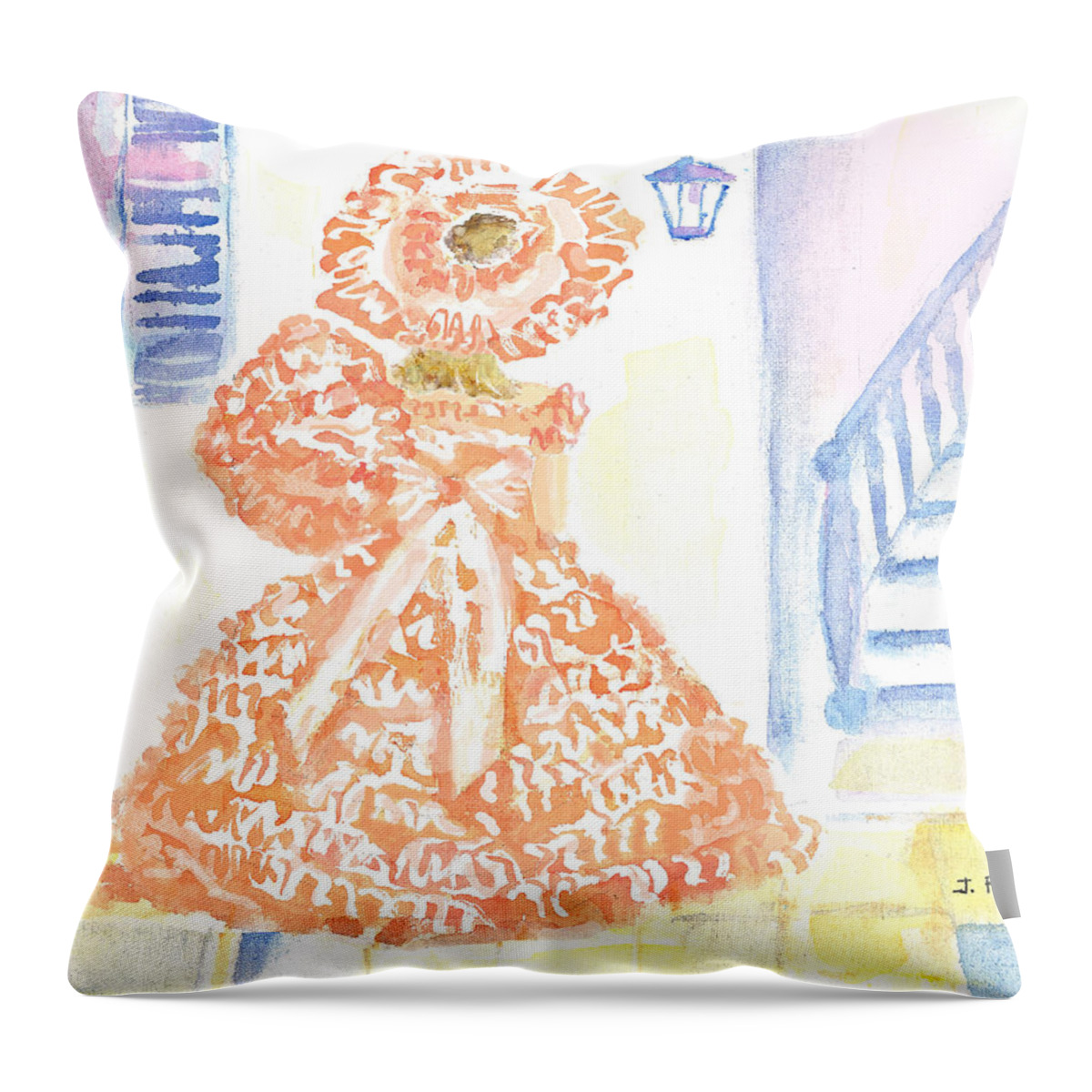 Southern Belle Throw Pillow featuring the painting Southern Belle in Peach Dress by Jerry Fair
