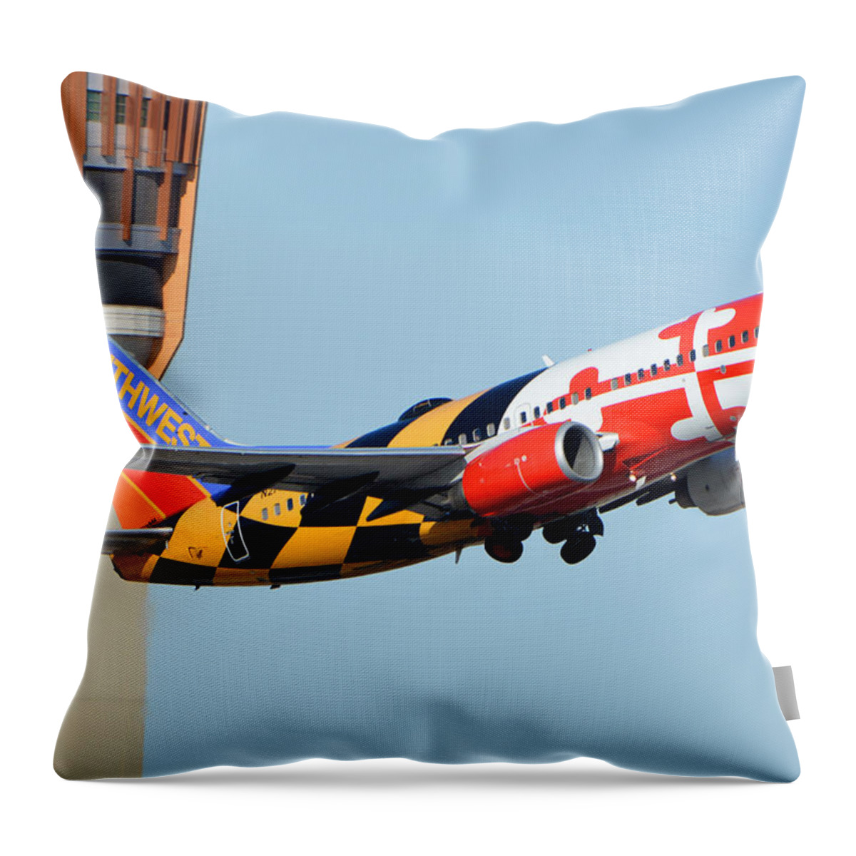 Airplane Throw Pillow featuring the photograph Southwest Boeing 737-7H4 N214WN Maryland One Phoenix Sky Harbor January 19 2016 by Brian Lockett