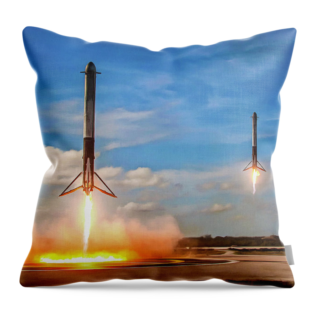 Spacex Throw Pillow featuring the photograph SpaceX Falcon Heavy booster landing by SpaceX