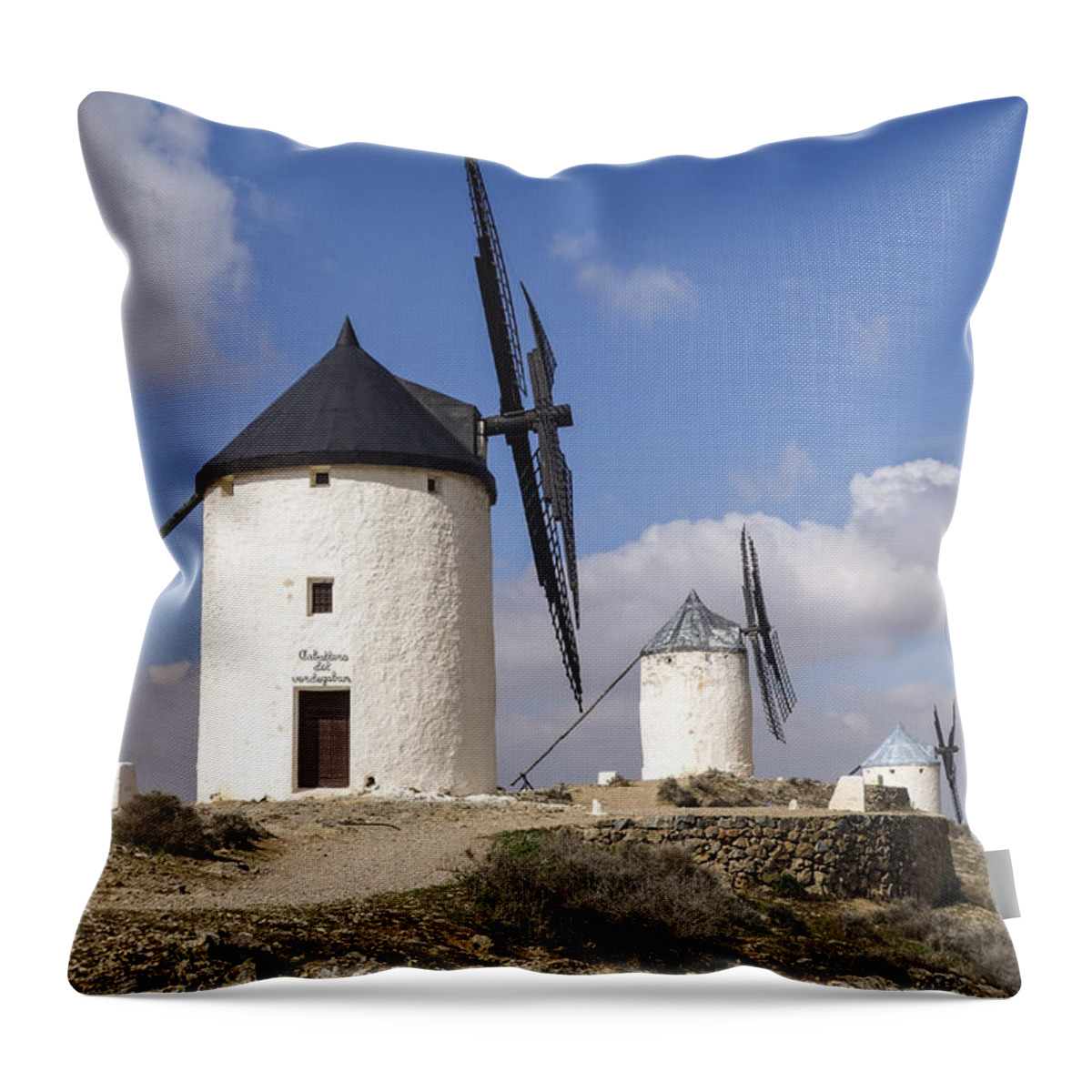 Windmills Throw Pillow featuring the digital art Spanish Windmills in the province of Toledo, by Perry Van Munster