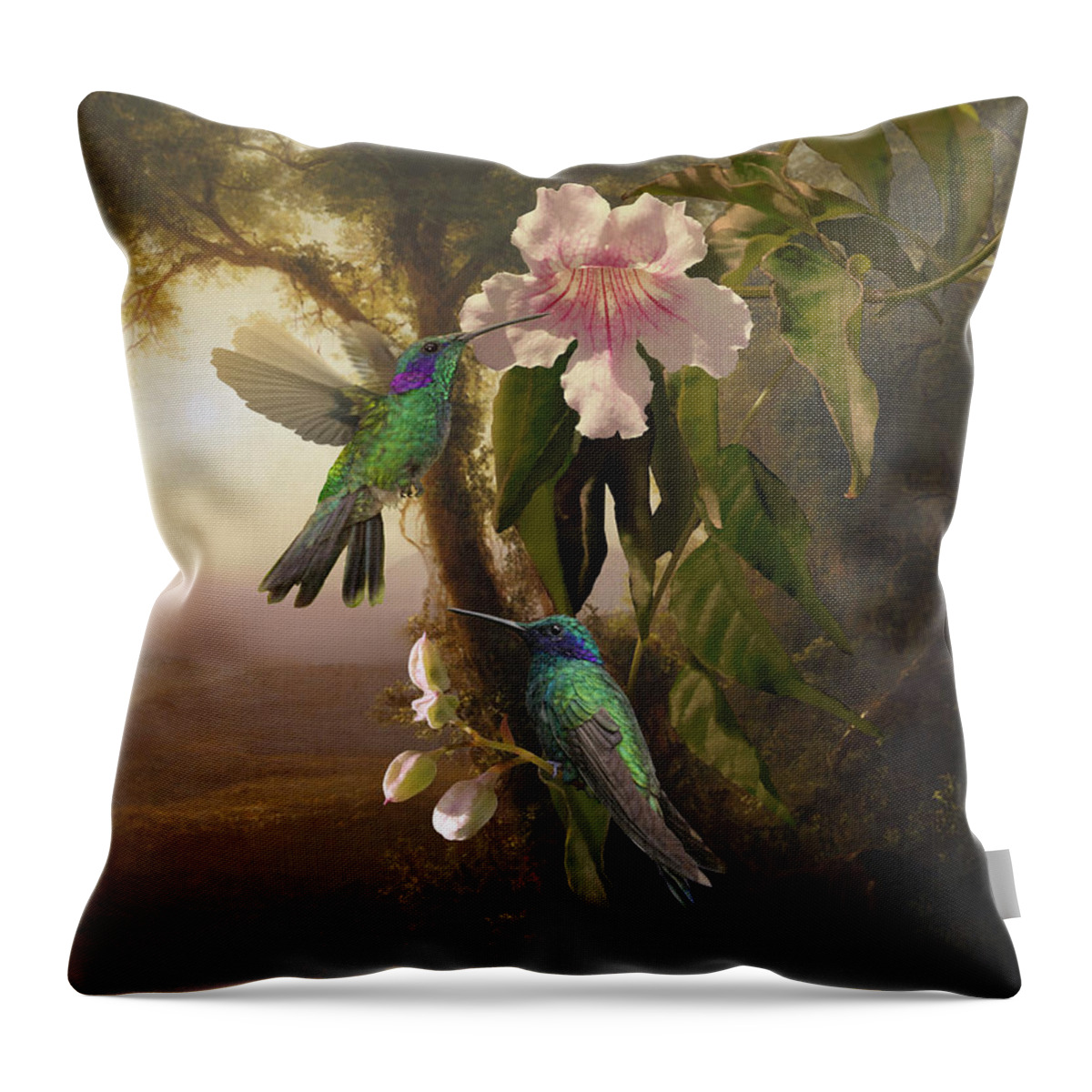 Birds Throw Pillow featuring the digital art Sparkling Violetear Hummingbirds and Trumpet Flower by M Spadecaller