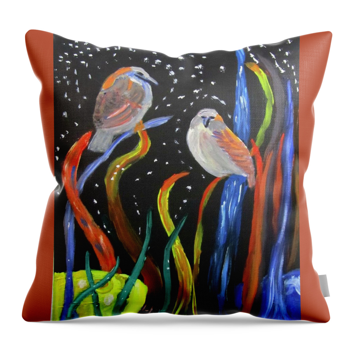 Sparrows Throw Pillow featuring the painting Sparrows inspired by Chihuly by Linda Feinberg