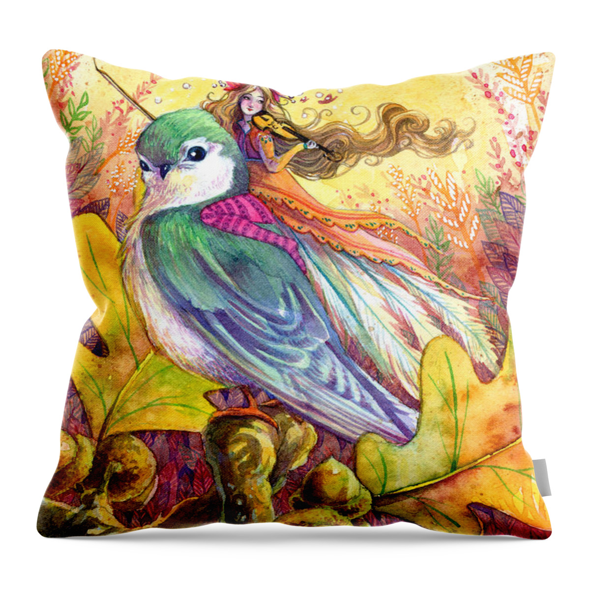 Bird Sparrow Fairy Violin Music Autumn Leaves Watercolor Illustration Fantasy Fairytale Girl Throw Pillow featuring the painting Sparrow's Song by Sara Burrier
