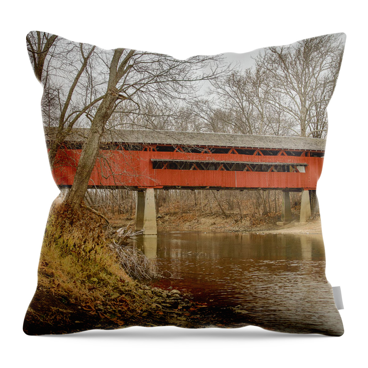 America Throw Pillow featuring the photograph Spencerville/Coburn covered bridge by Jack R Perry