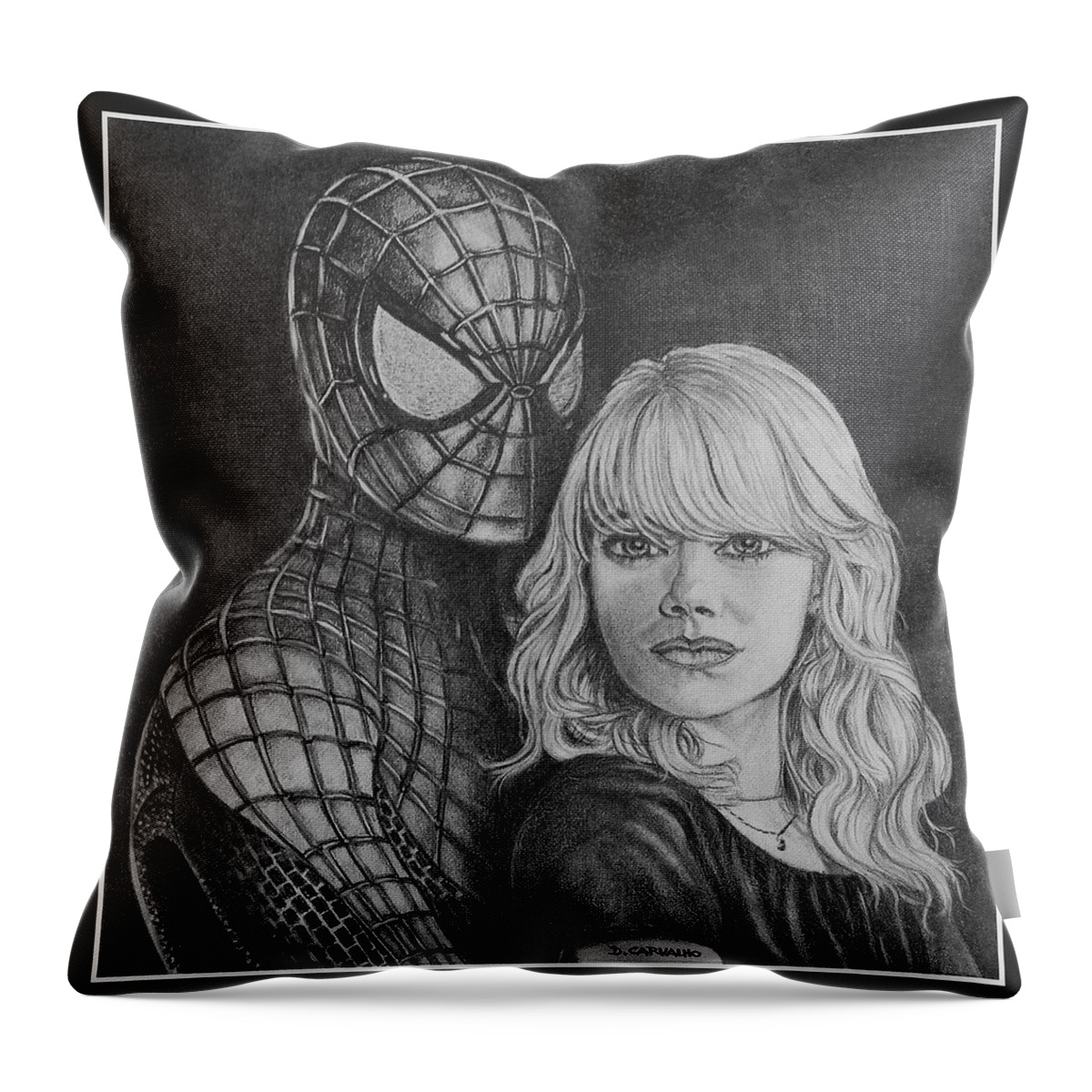 Pencil Throw Pillow featuring the drawing Spidey and Gwen by Daniel Carvalho