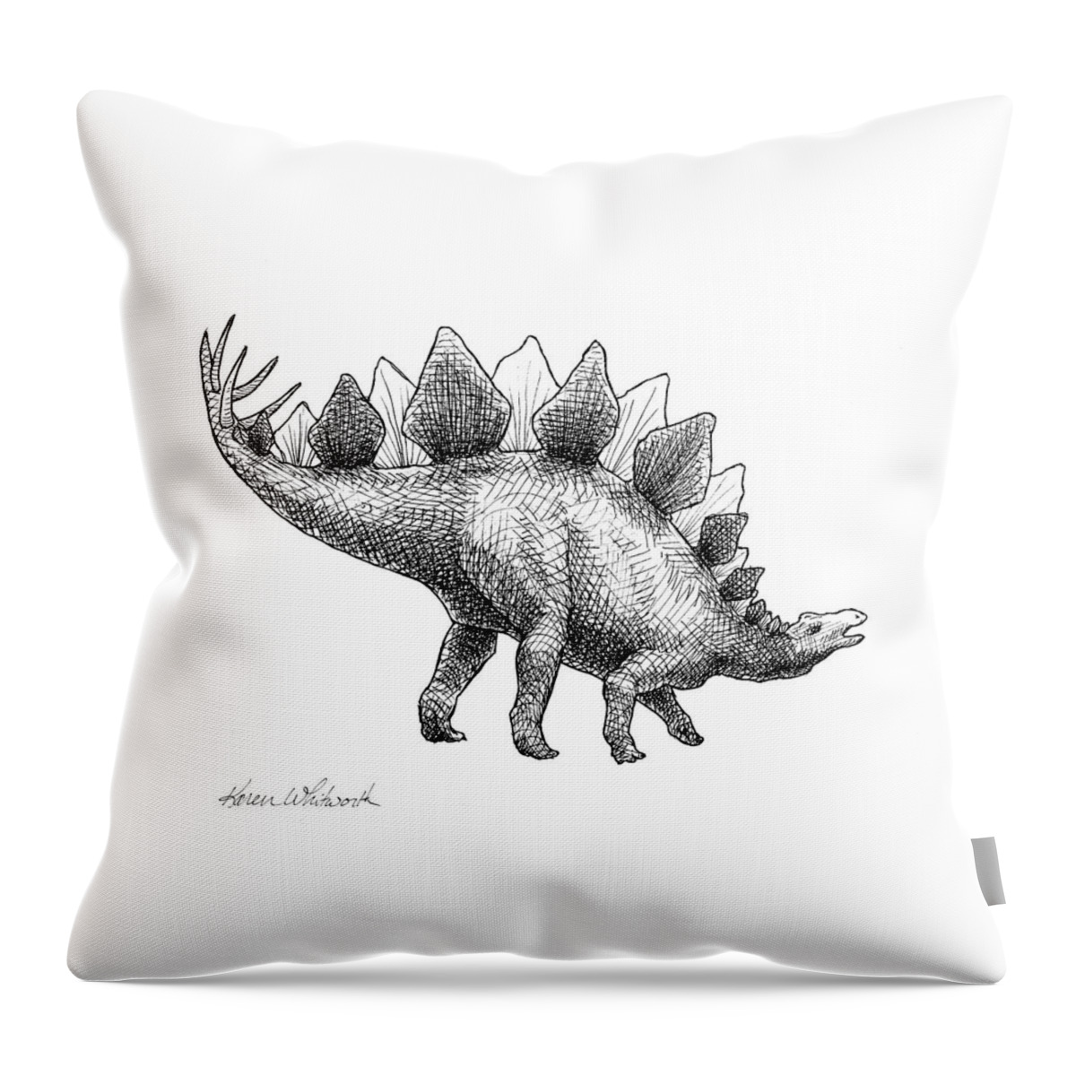Dinosaur Decor Throw Pillow featuring the drawing Stegosaurus - Dinosaur Decor - Black and White Dino Drawing by K Whitworth