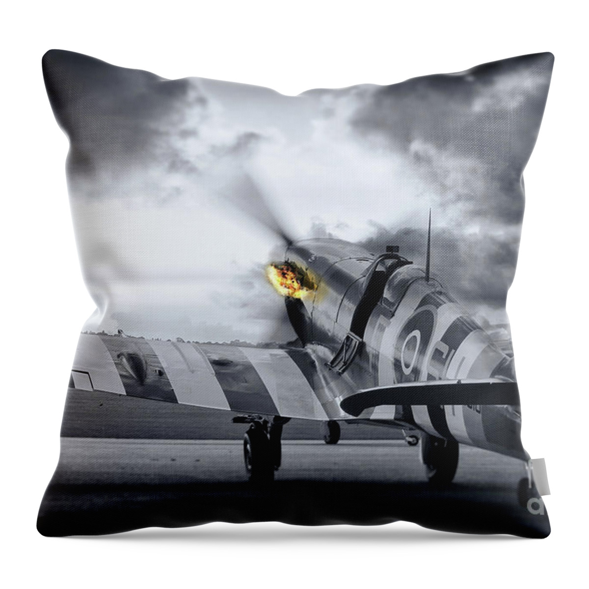 Spitfire Throw Pillow featuring the photograph Spitfire AB910 Spitting Fire by Airpower Art