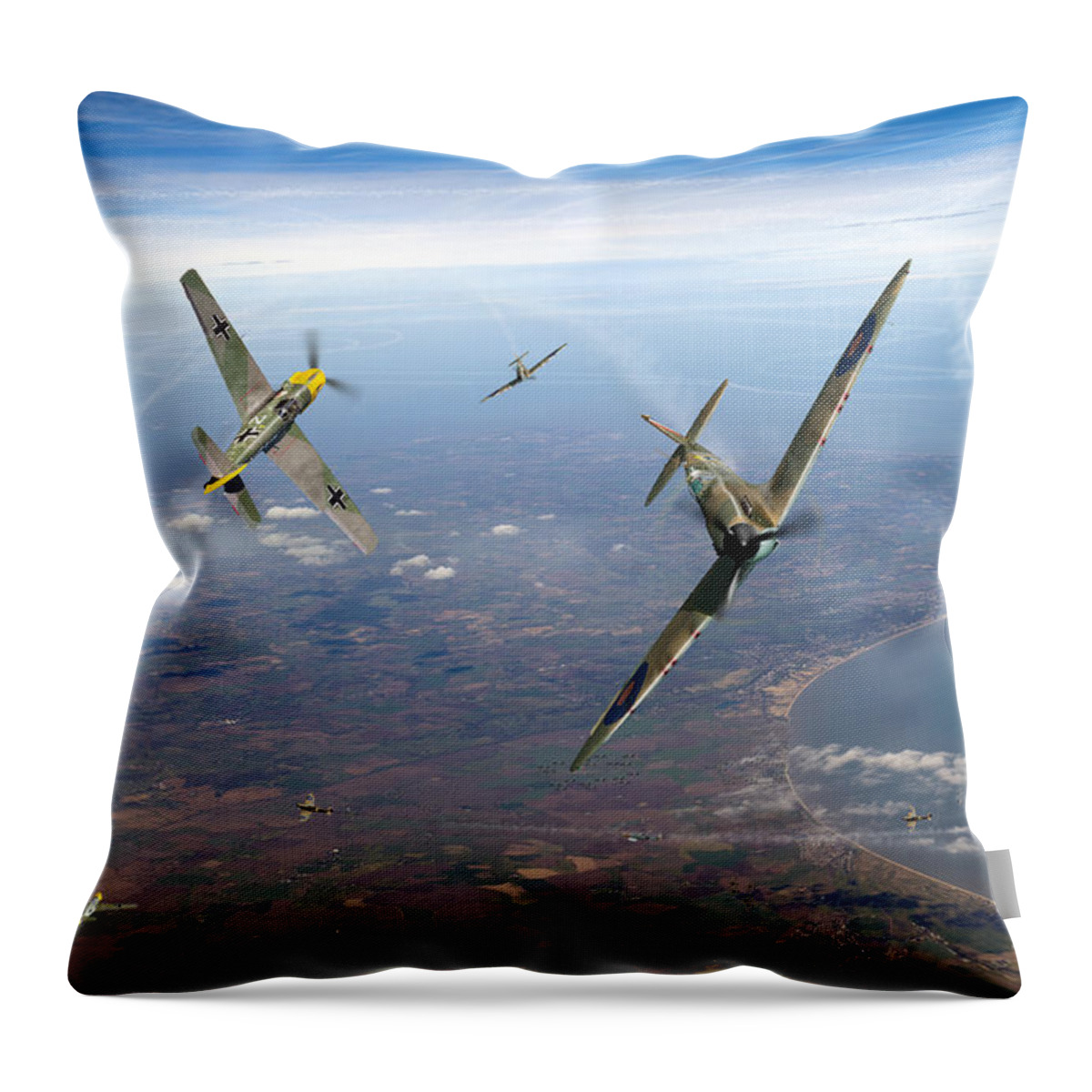 Spitfire Throw Pillow featuring the digital art Spitfire and Bf 109 in Battle of Britain duel by Gary Eason