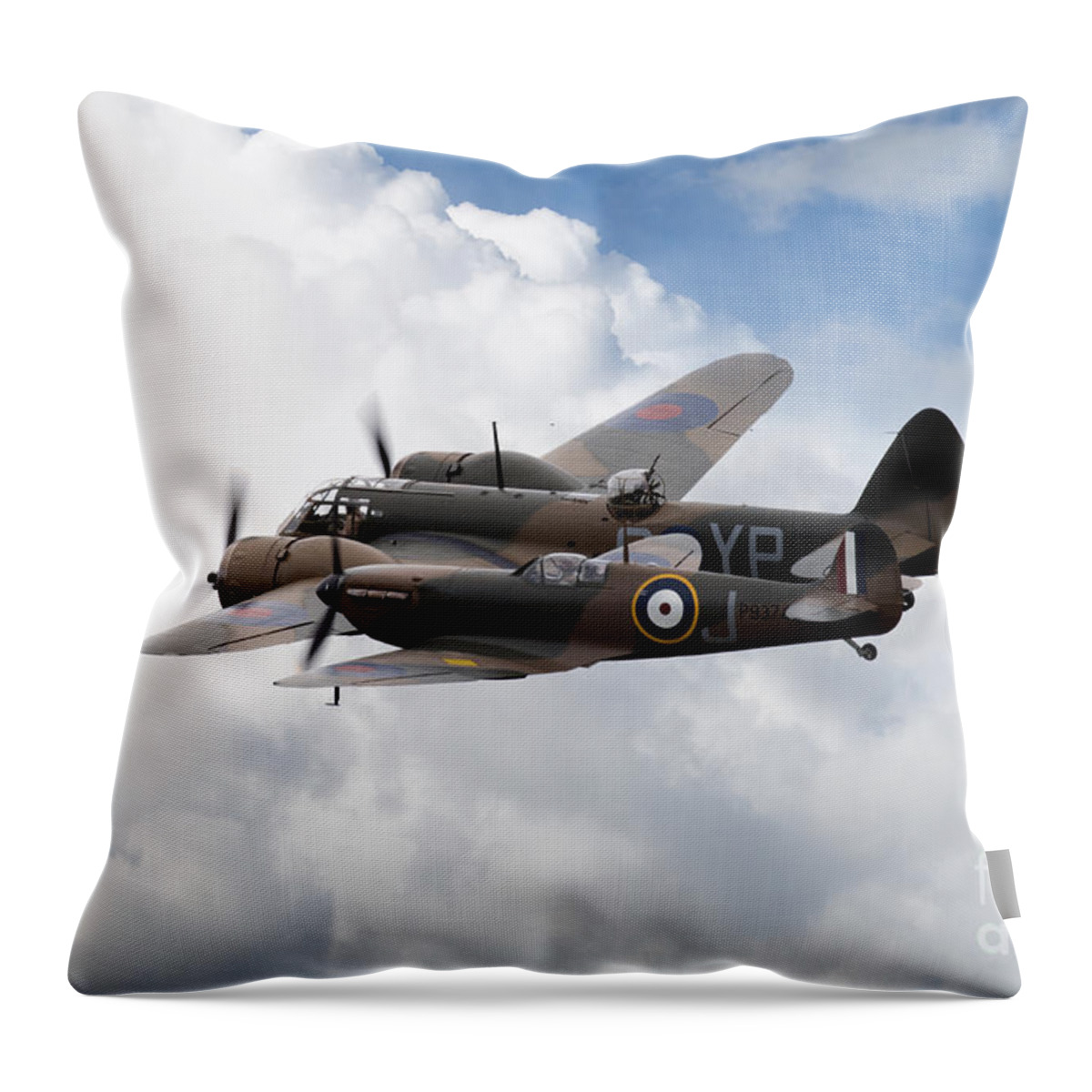 Bristol Throw Pillow featuring the digital art Spitfire and Blenheim by Airpower Art