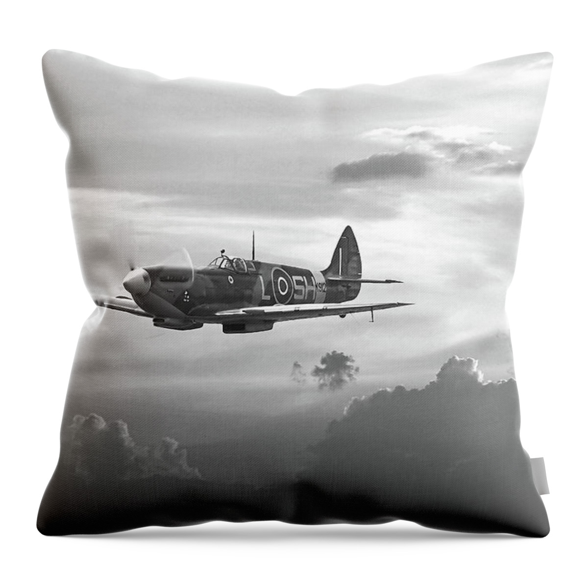 Aircraft Throw Pillow featuring the digital art Spitfire - and shadows fall by Pat Speirs