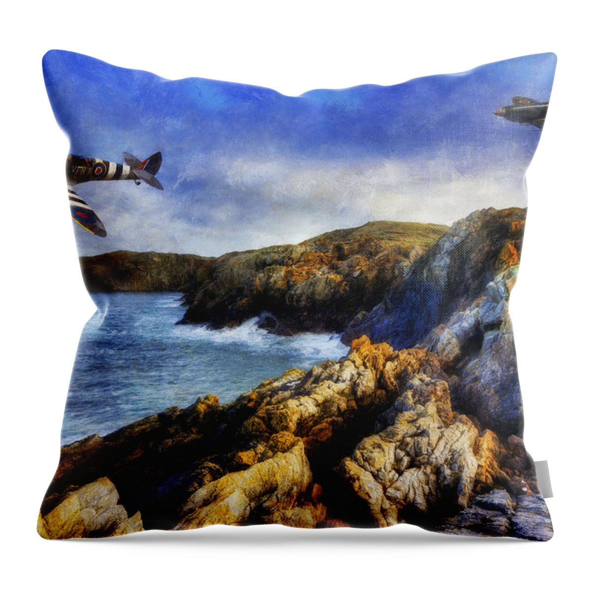 War Throw Pillow featuring the photograph Spitfire On The Coast by Ian Mitchell
